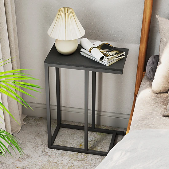 SlickBlue C-Shaped Sofa Side Table, Industrial-Style End Table with Wood Grain Top for Small Spaces