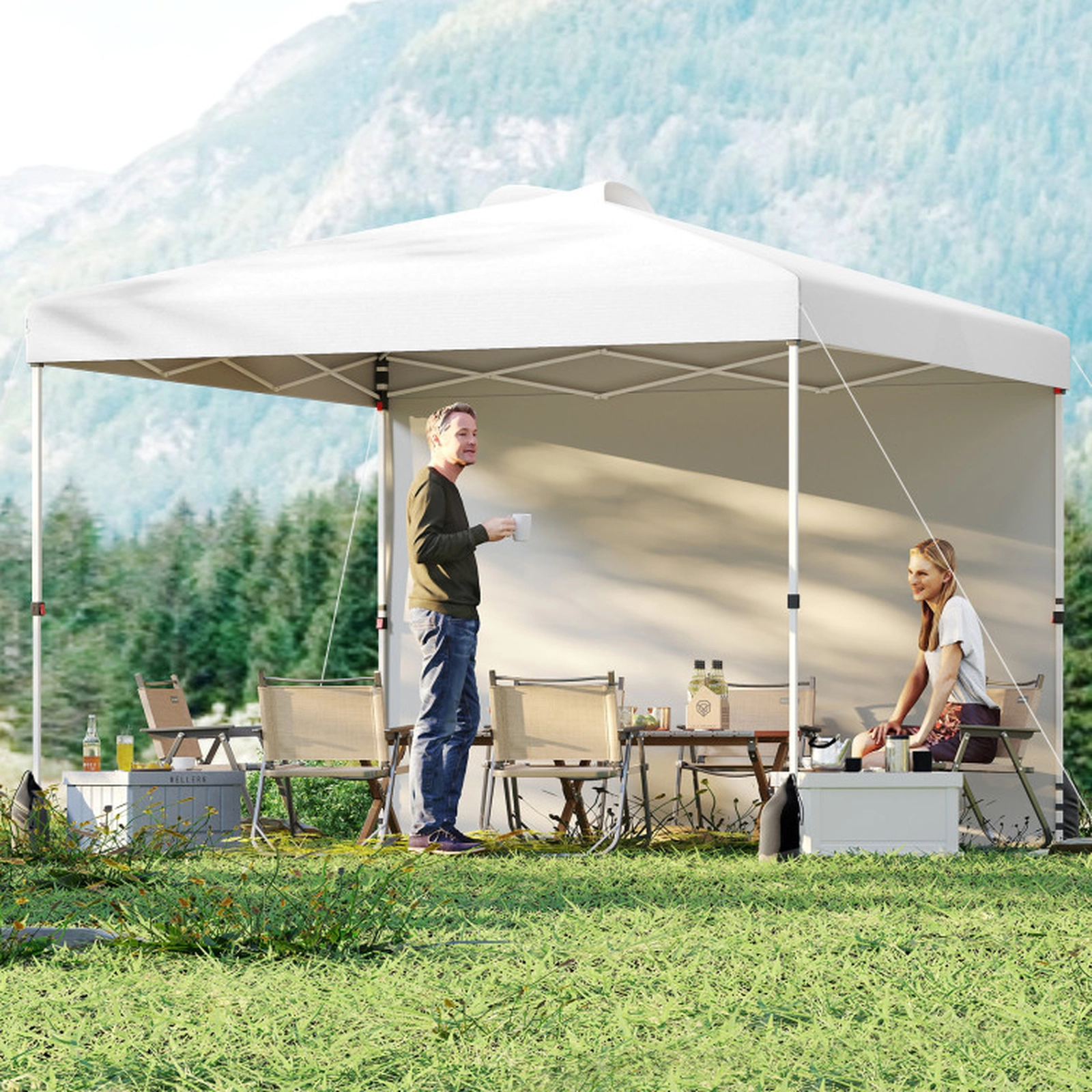 SUGIFT 10 x 10Pop Up Canopy Gazebo Tent with 1 Sidewall, Wheeled Bag, Stakes, Ropes and Sandbags 34-lb Net Weight White