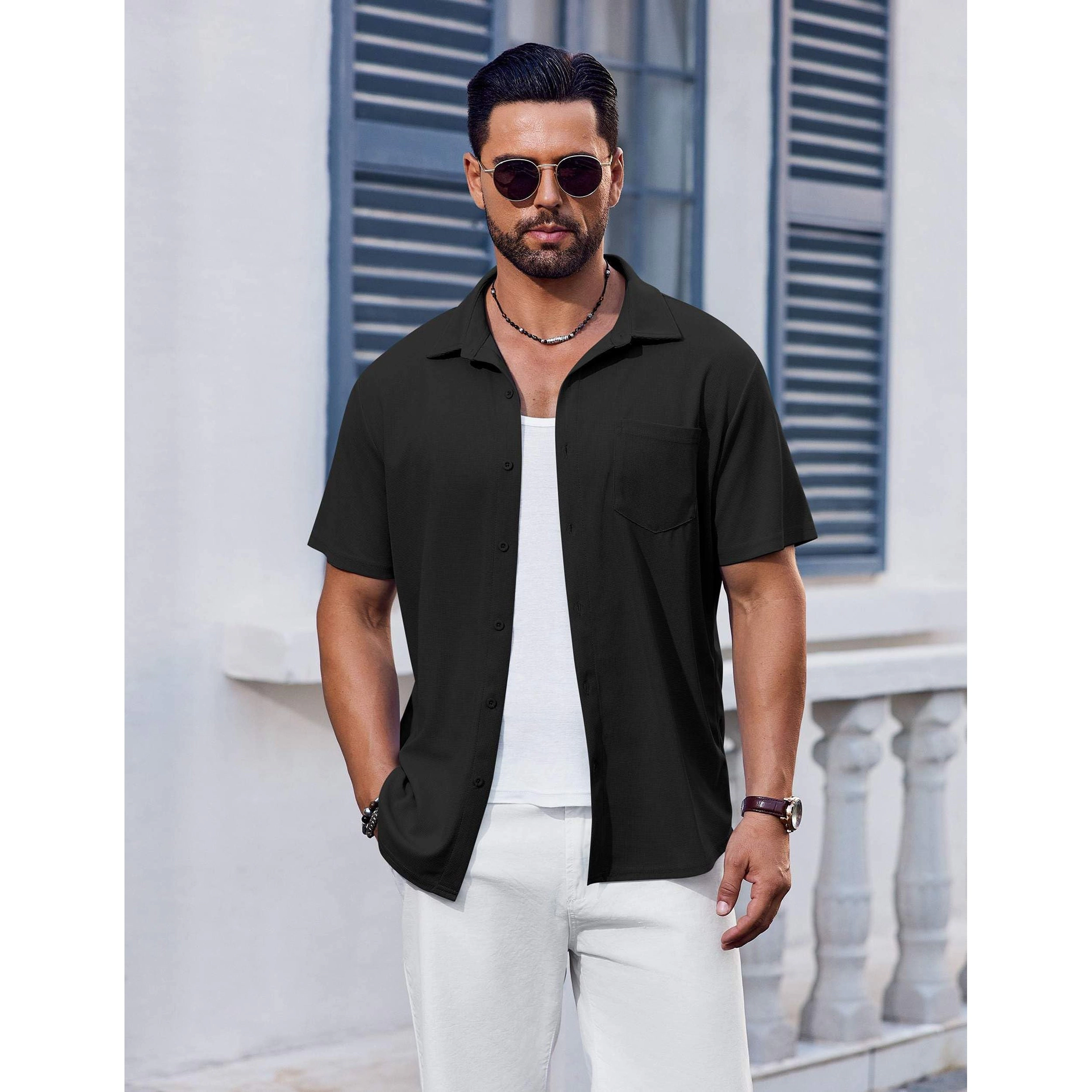 COOFANDY Mens Short Sleeve Button Down Shirts  Lapel Collar Casual Pocket Tops
