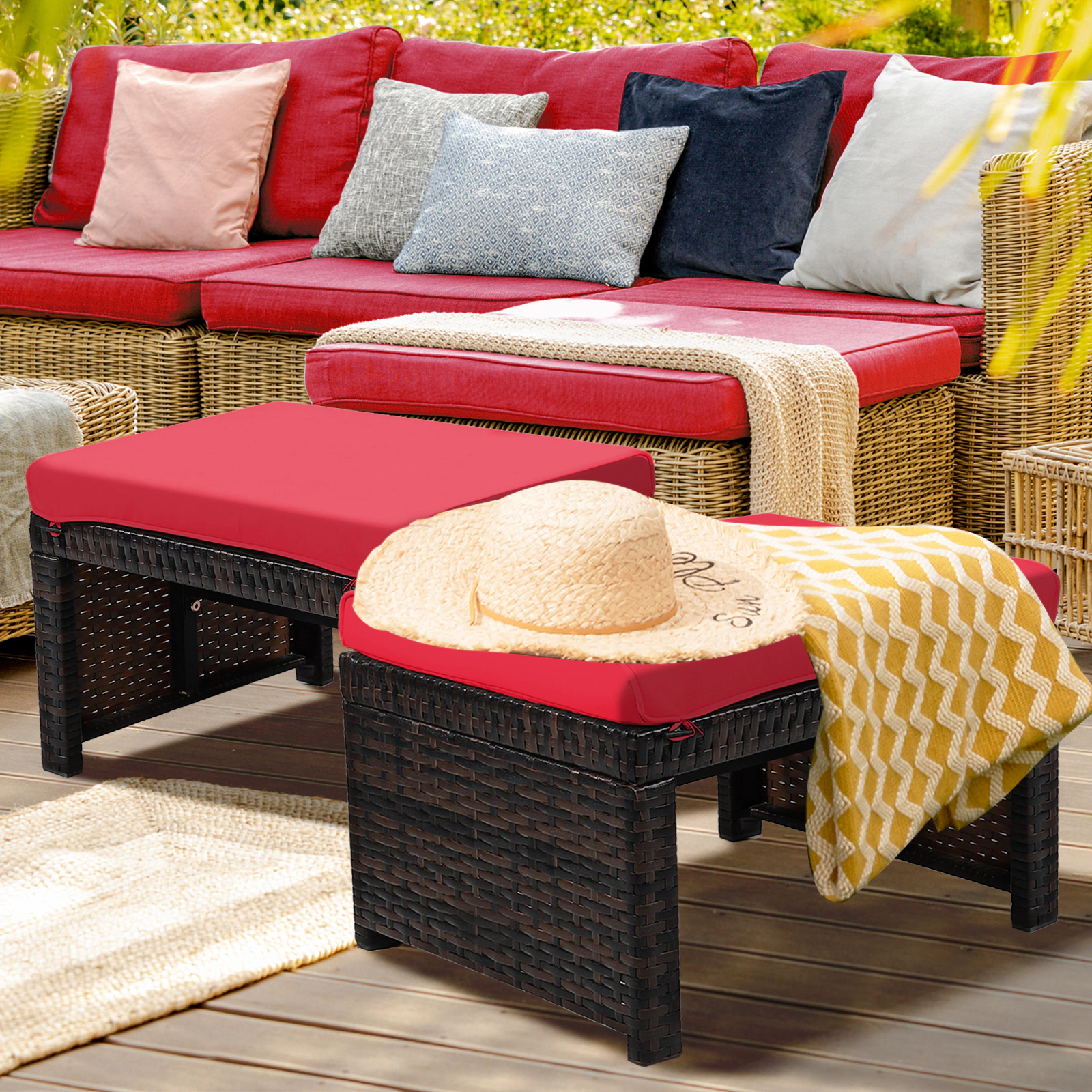SUGIFT Set of 2 355-lb Capacity Mix Brown PE Rattan Patio Ottomans with Red Water-Resistant Cushions