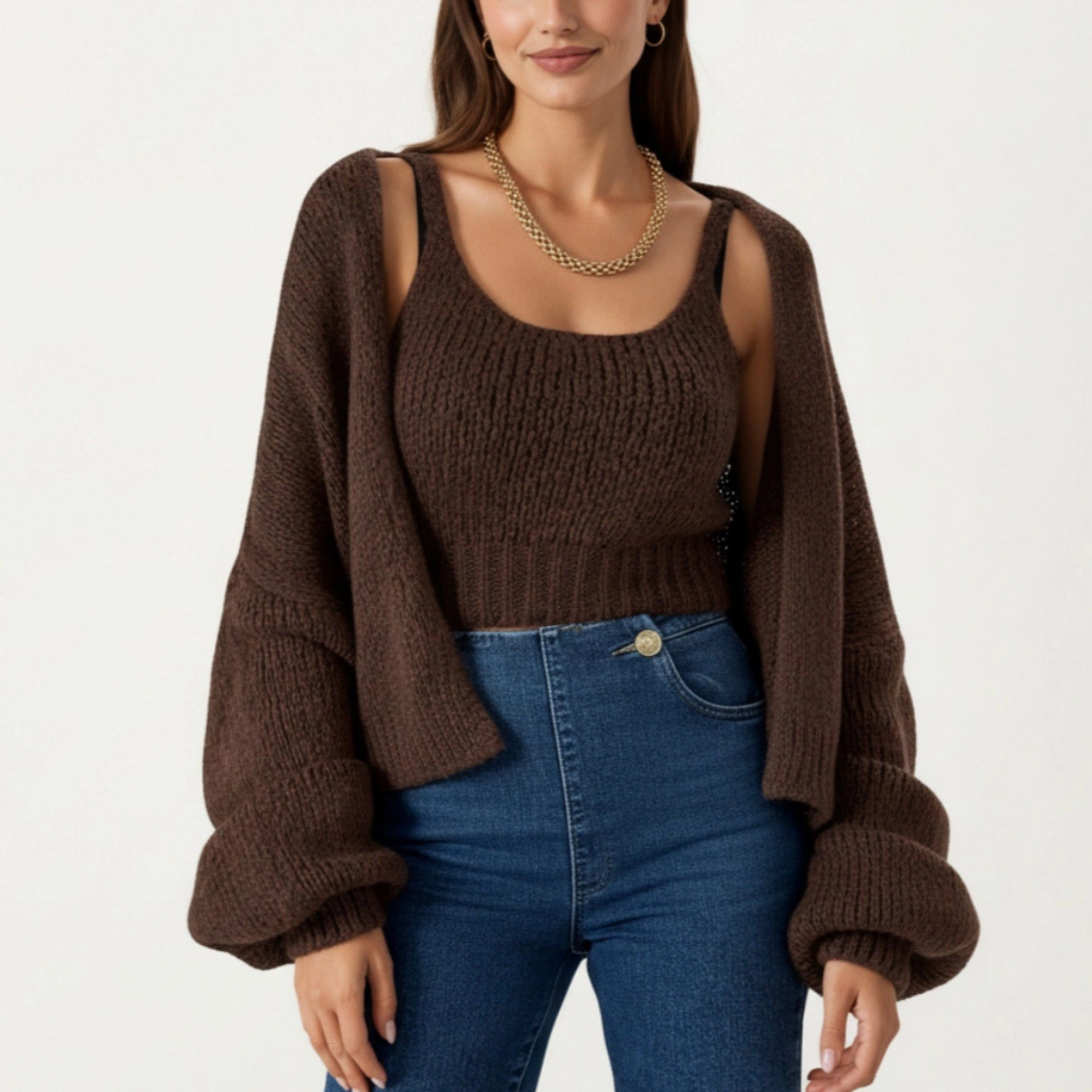 Anna-Kaci Women's 2-Piece Knit Tank and Cardigan Set with Ribbed Texture Scoop Neck Long Sleeves