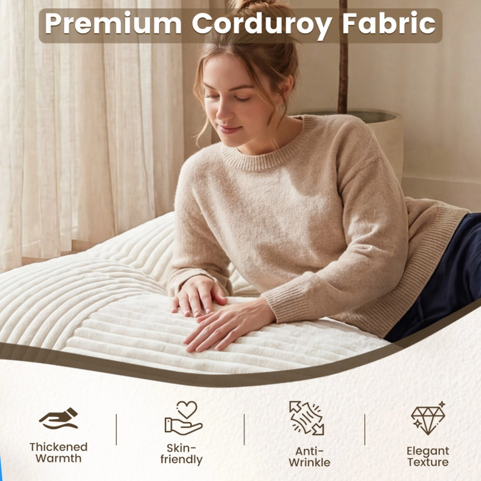 SUGIFT Convertible 76.5-in Beige Corduroy Bean Bag Floor Sofa and Bed with Machine-Washable Cover