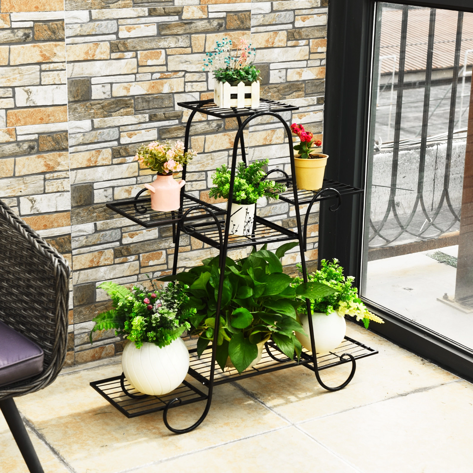 Slickblue Black Iron 7 Tier Plant Stand Vertical Flower Rack for Balcony Patio Garden Display