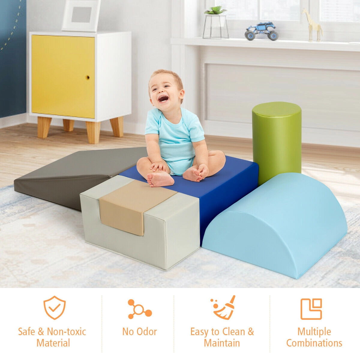 SUGIFT 6-Piece Soft Climb and Crawl Play Set for Baby and Toddler Indoor 16 x 24 in Blocks Gray
