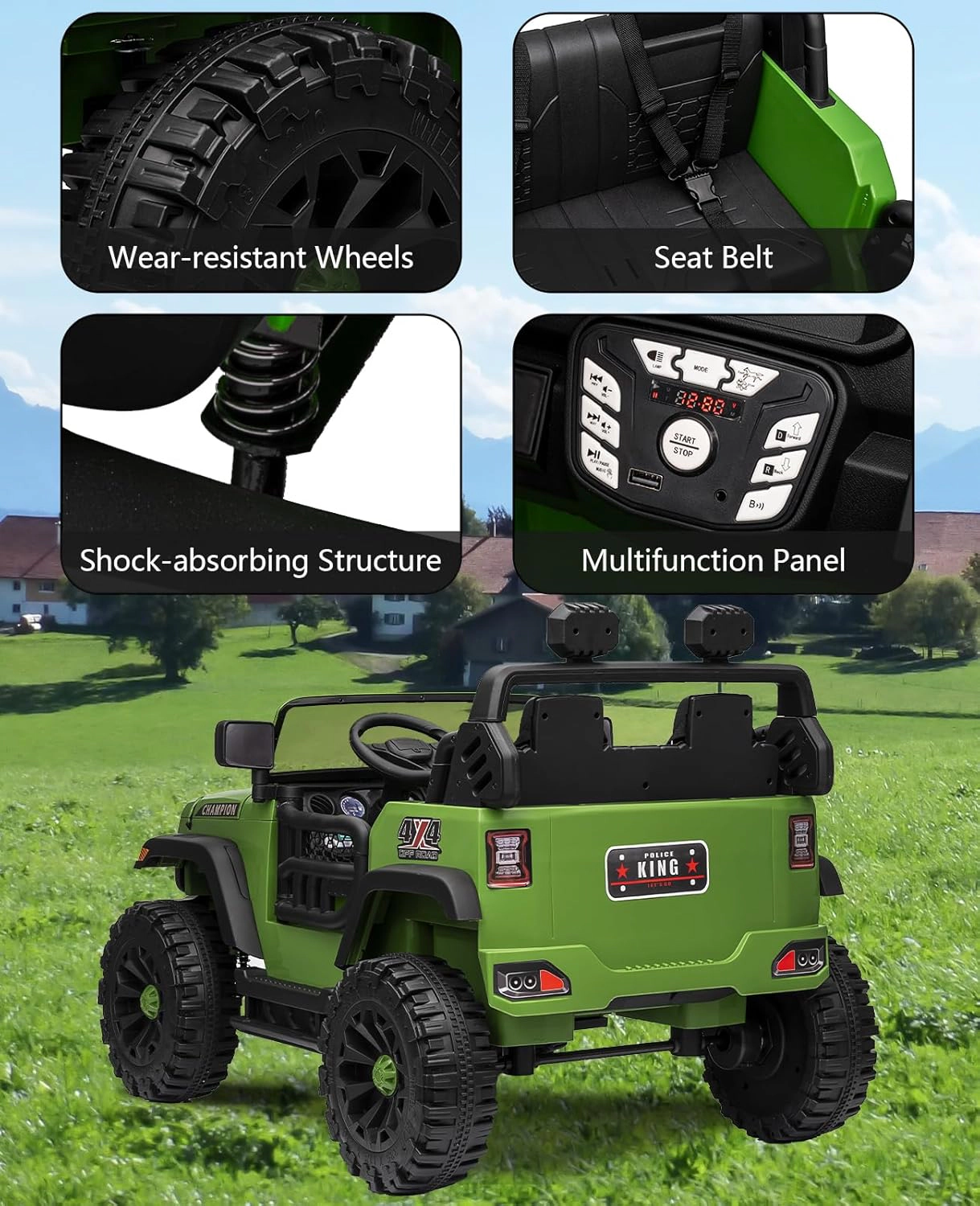 24V 2-Seater Kids Ride On Jeep, 2×200W Motors, Remote Control, LED Lights, Bluetooth, 4WD, 7Ah Battery