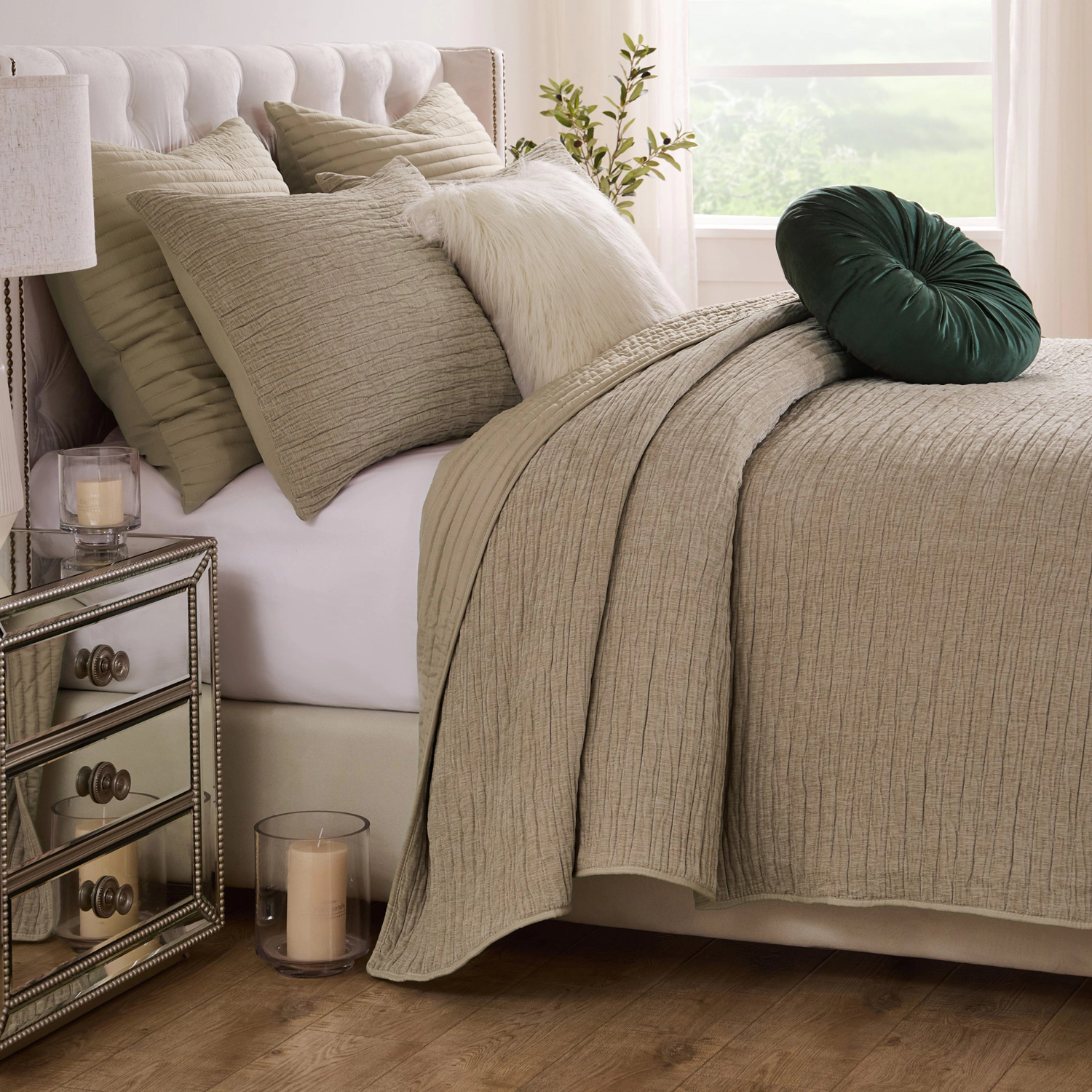 Greenland Home Fashion Velvet Crush Chenille Microfiber Back Poly Fill Quilt Set 3-Piece Full/Queen Khaki