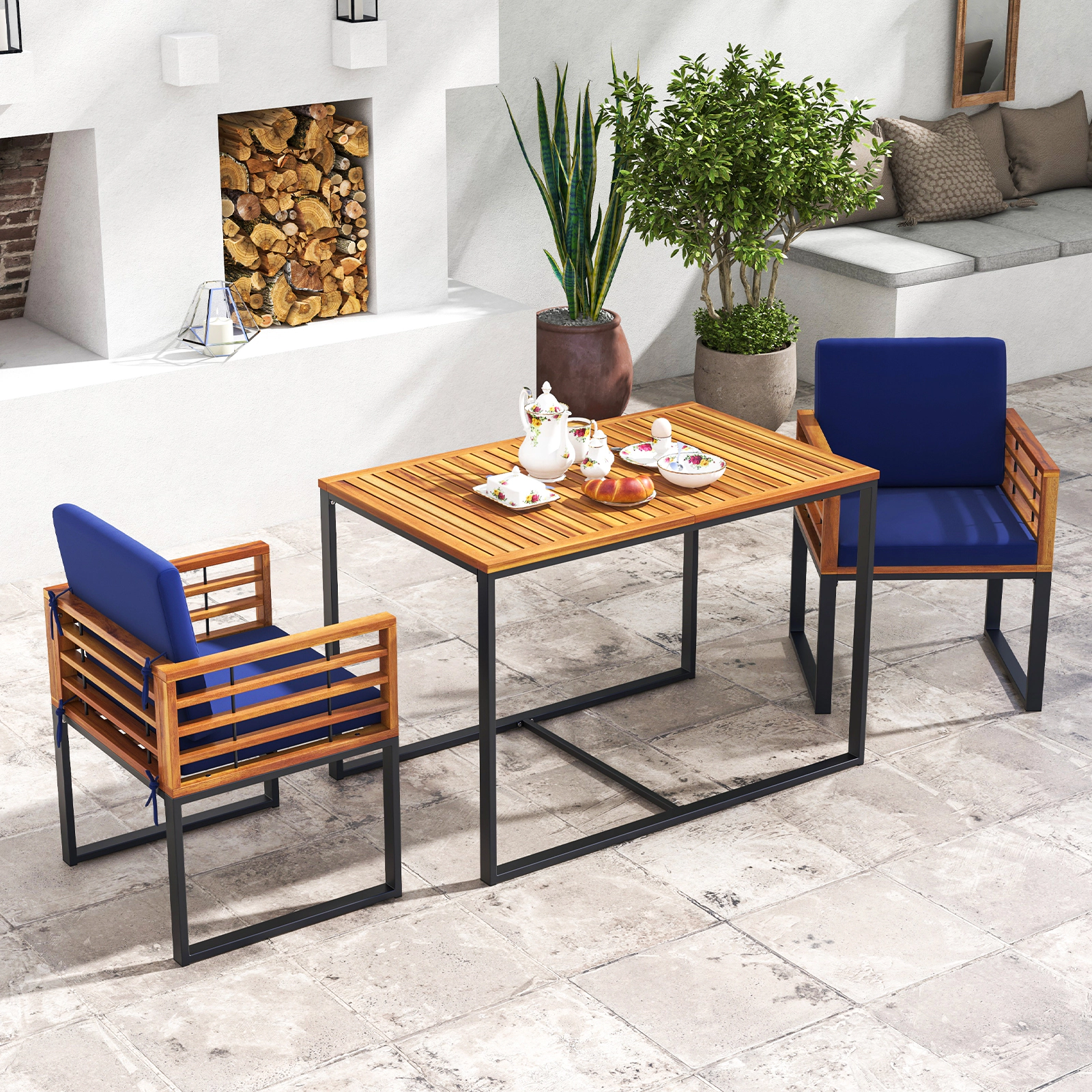 SUGIFT Set of 2 Navy Acacia Wood Outdoor Patio Dining Chairs, Metal Frame, Tie-Down Cushions