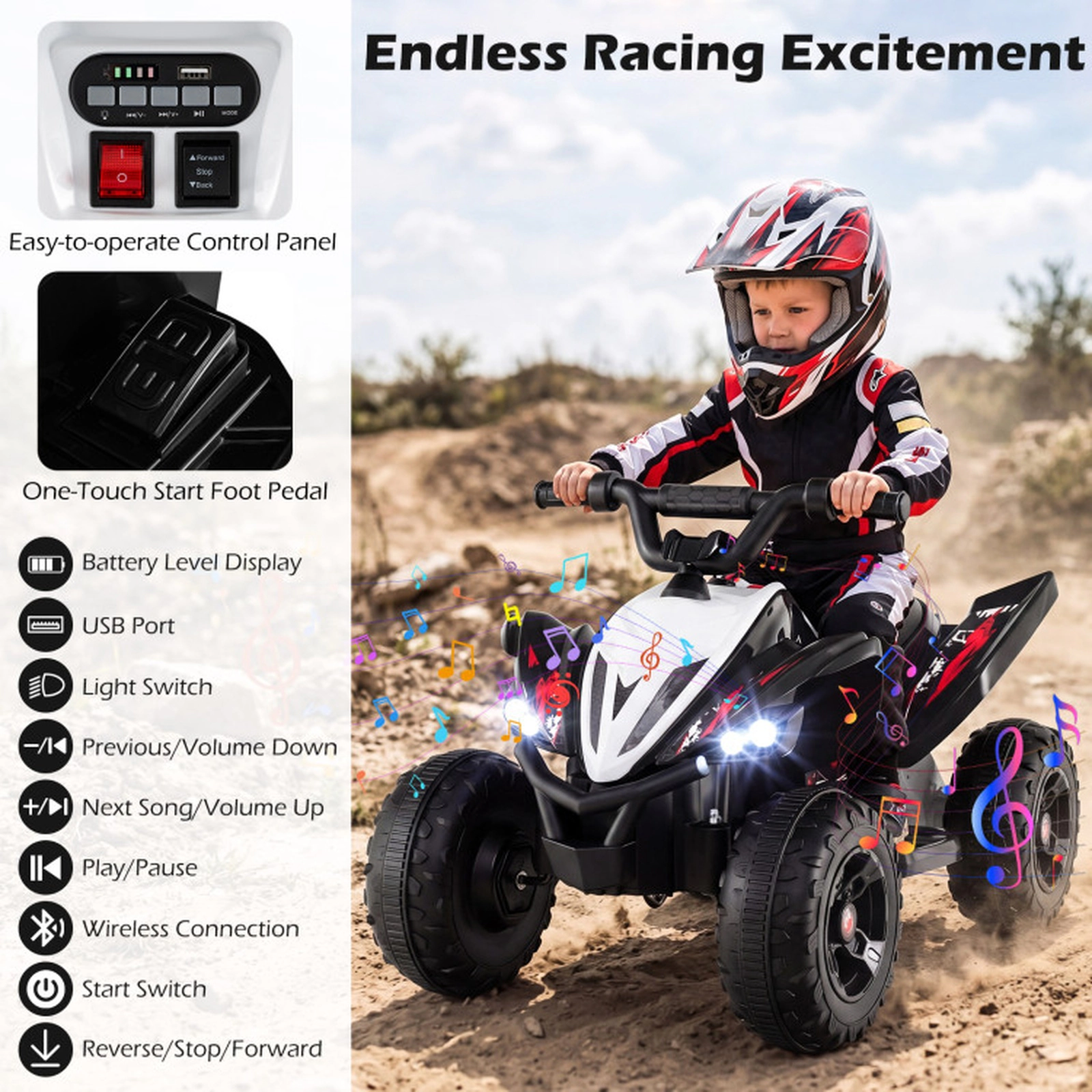 SUGIFT Kids Black 12V Ride On 4-Wheeler ATV Quad with LED Headlights 21-in H 7-mph Top Speed 66-lb Rider Capacity