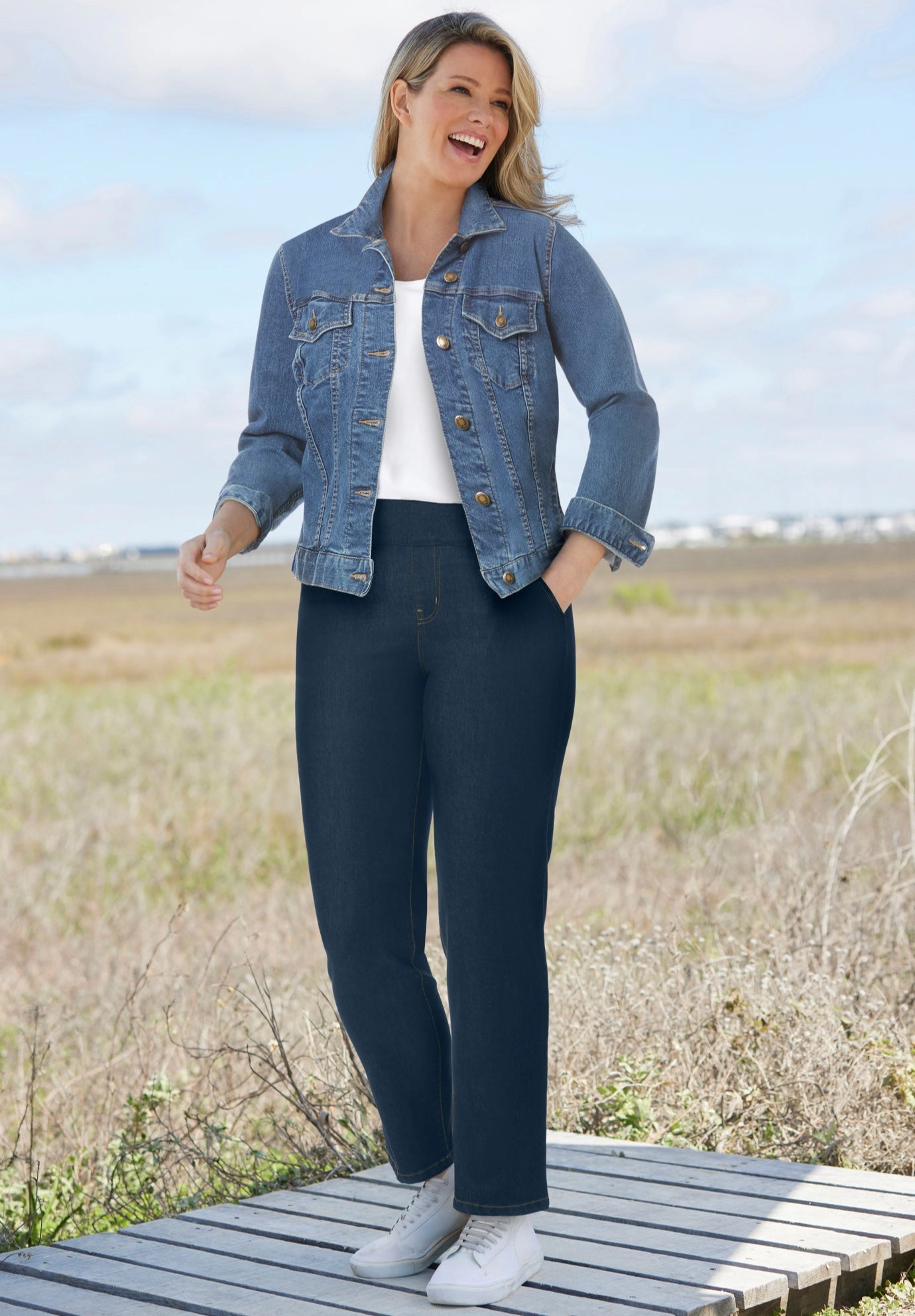 Woman Within Plus Flex-Fit Pull-On Straight-Leg Gap-Free Stretch Denim Jeans