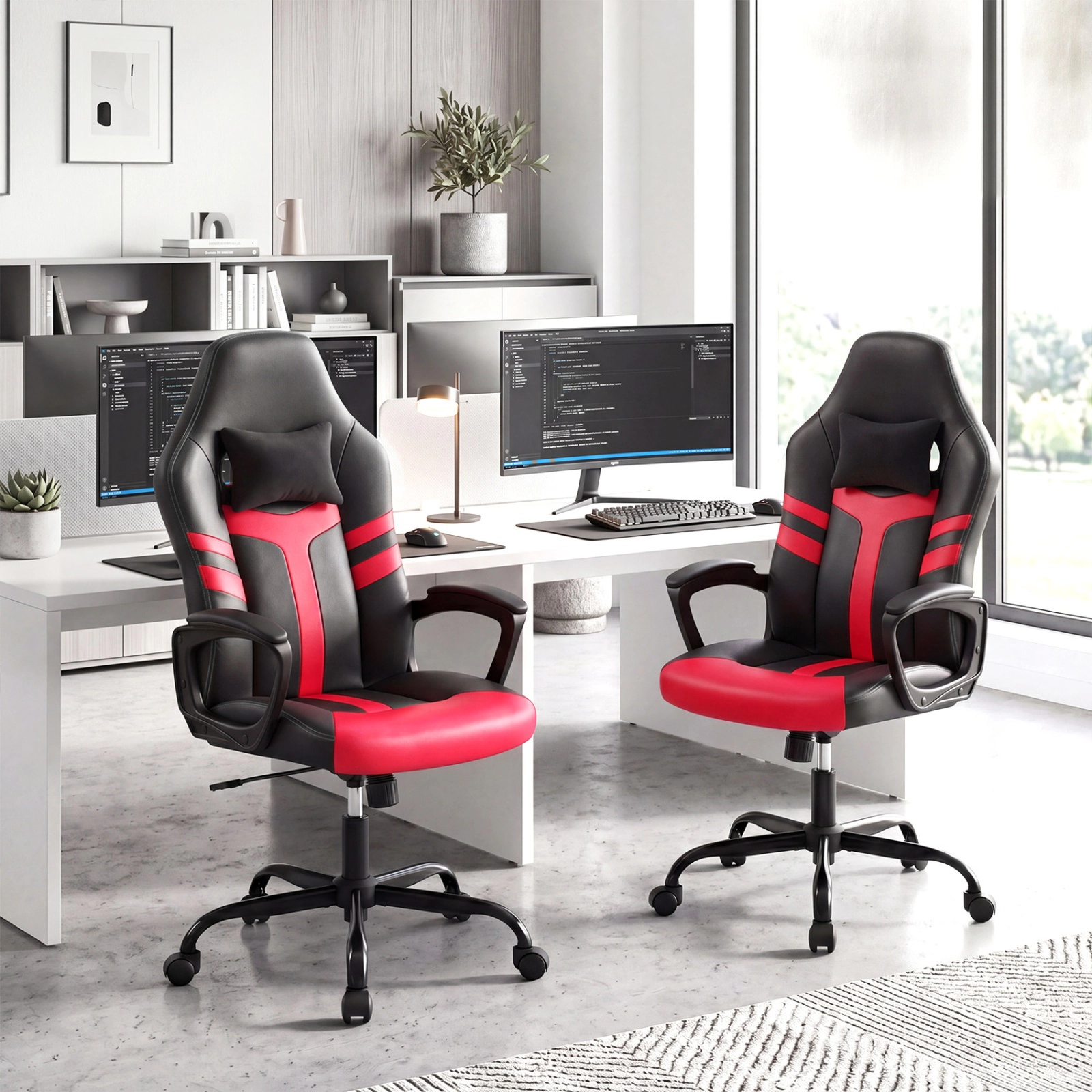 SUGIFT Red Faux Leather Rocking Office Chair with Removable Head Pillow