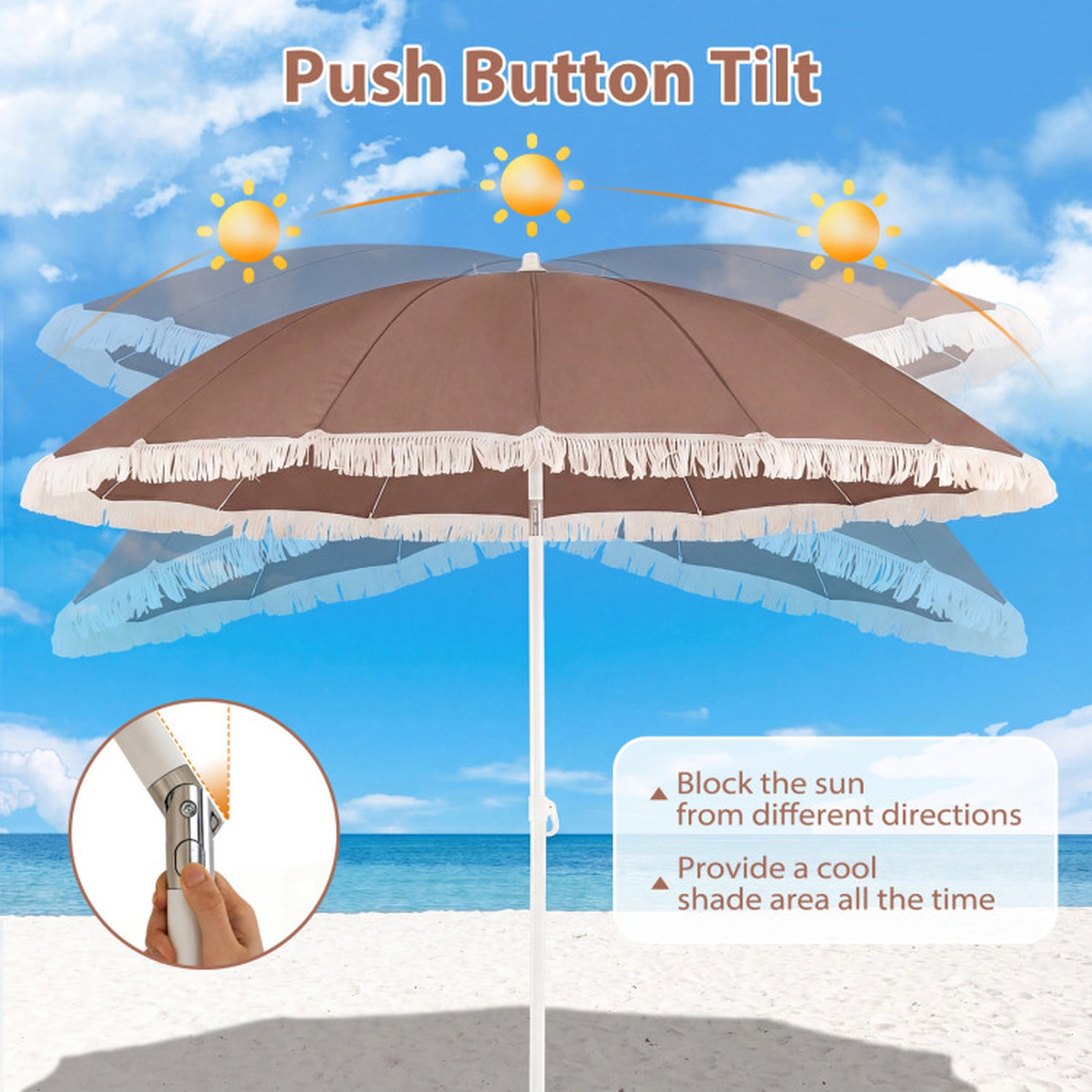 SUGIFT 7-ft Boho Fringe Patio Umbrella with Tassel Trim Tilt Pole Sand Spike and Carry Bag for Beach