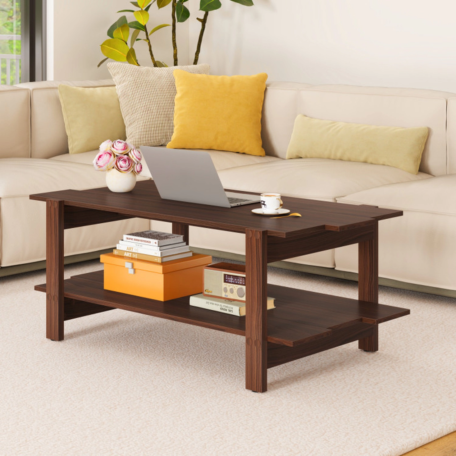 SUGIFT 2-Tier Slatted Engineered Wood Open Storage Coffee Table 45-in x 23.5-in x 18.5-in 135-lb per Shelf Walnut