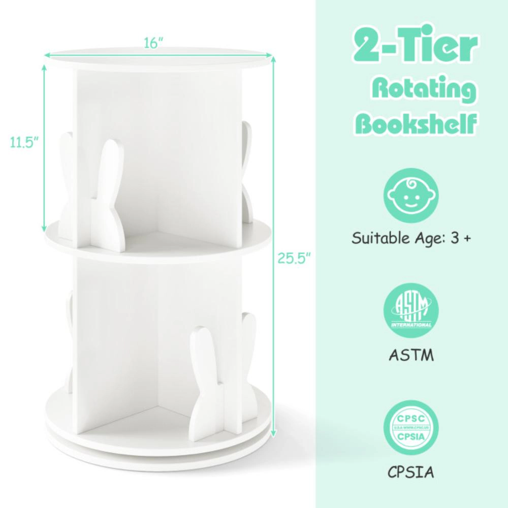 Hivvago 2 Tier Freestanding Kids Rotating Bookshelf Storage Rack with Bunny Baffles