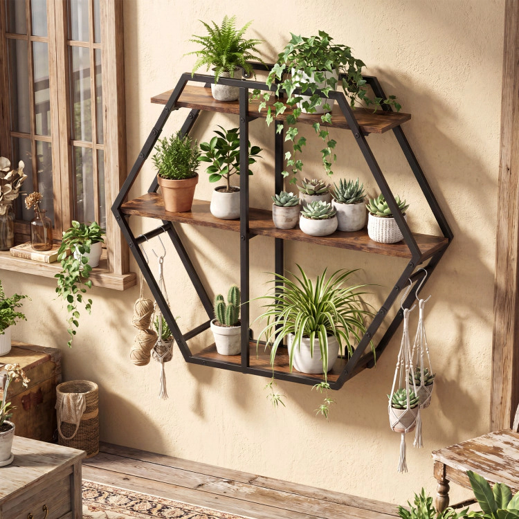 Hivvago 3-Tier Geometric Bookcase with S-Shaped Hooks for Living Room