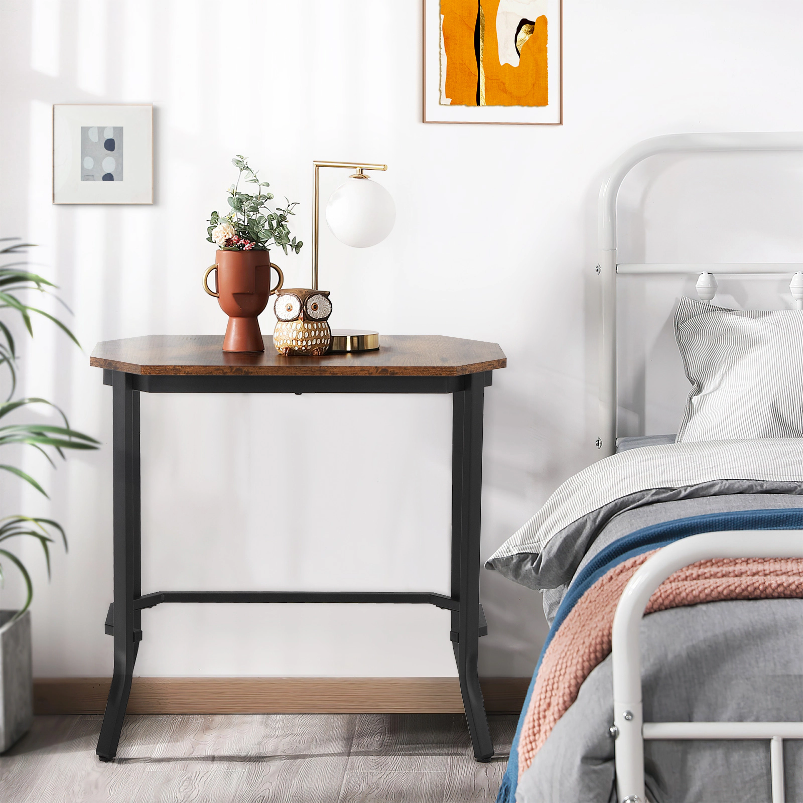 Hivvago Narrow End Table with Rustic Wood Grain and Stable Steel Frame
