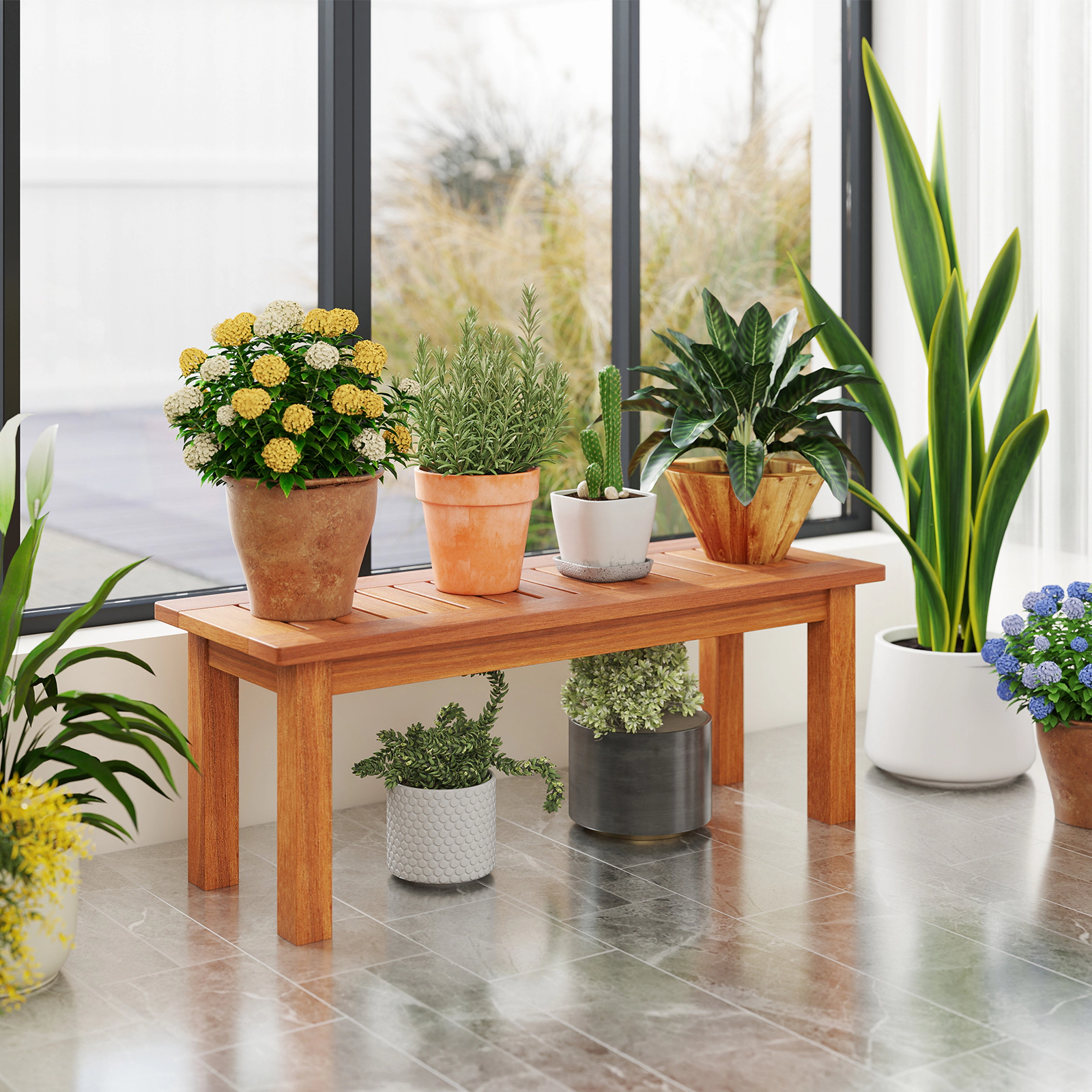 SUGIFT Brown 34-in Solid Shorea Hardwood Plant Stand Flower Pot Holder and Display Shelf for Indoor