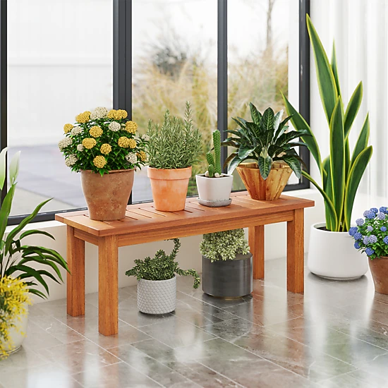 SUGIFT Brown 34-in Solid Shorea Hardwood Plant Stand Flower Pot Holder and Display Shelf for Indoor