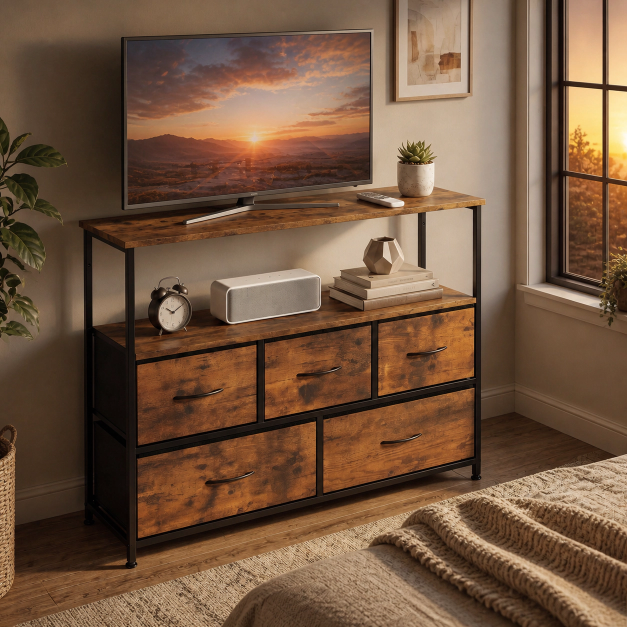 SUGIFT 39.5-in TV Stand Dresser for TVs up to 45 in, 5 Fabric Drawers, Open Shelf