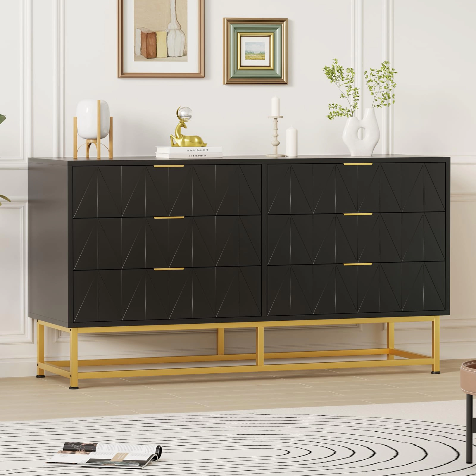 Modern 6 Drawer Wood Dresser with Metal Legs, Wide Storage Chest Organizer for Bedroom Living Room