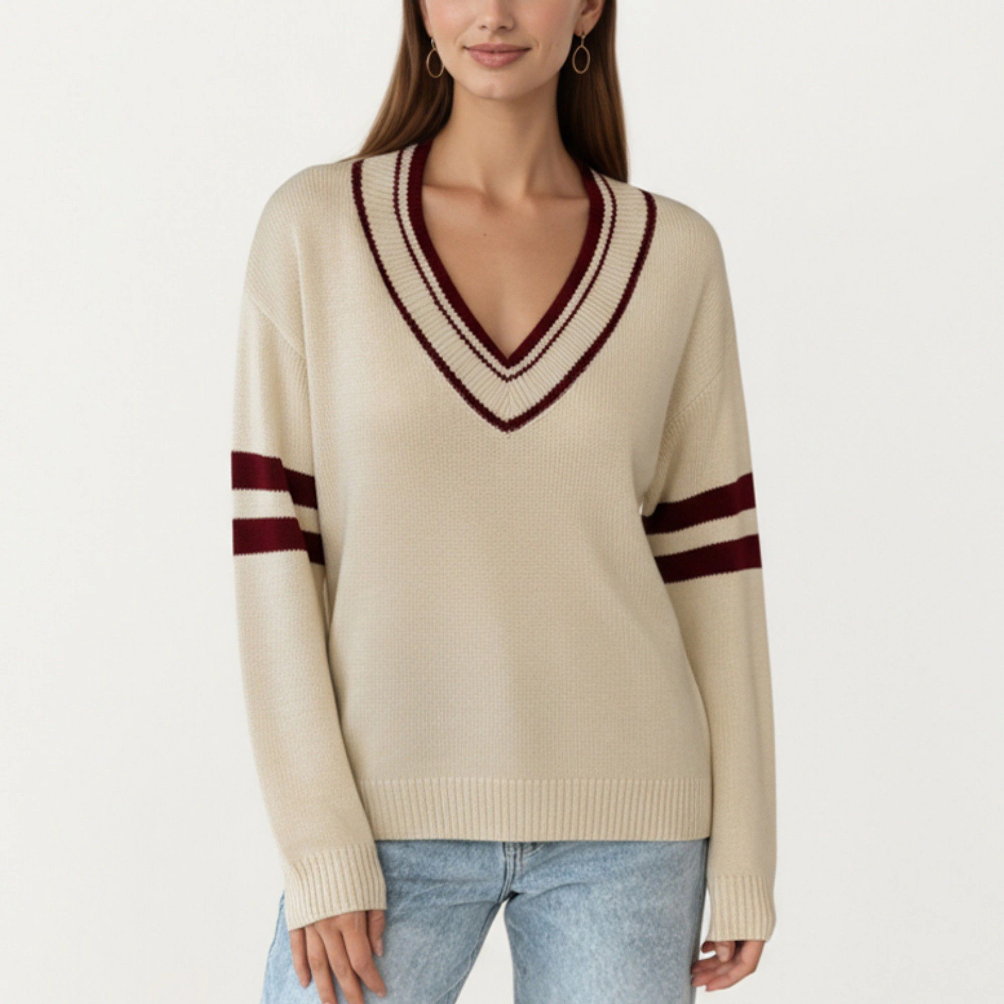 Anna-Kaci Women's Long Sleeve V-Neck Knit Sweater with Contrast Stripe Trim and Ribbed Hem
