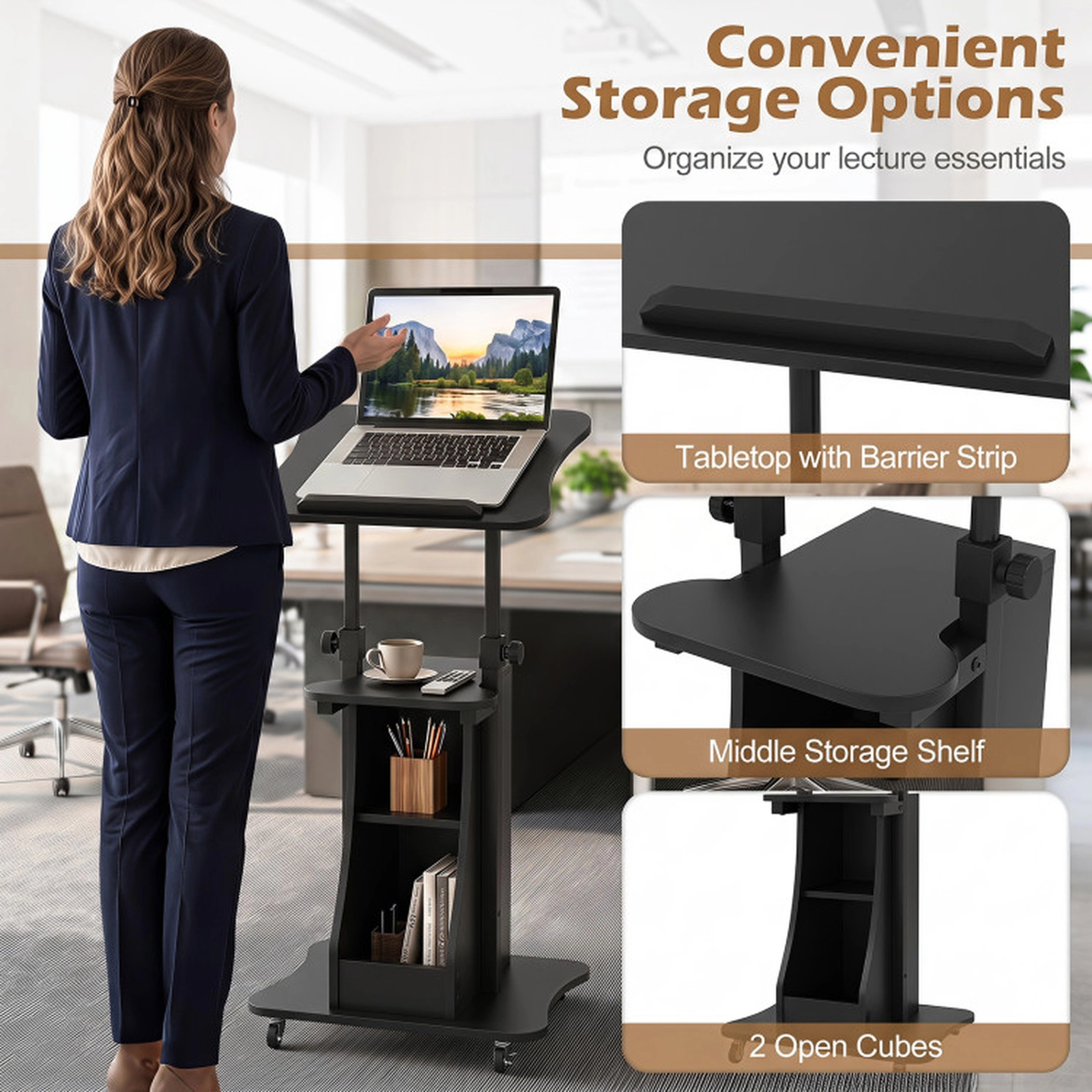 SUGIFT 200-lb Capacity 28.5-in to 44-in Sit-to-Stand Rolling Laptop Desk Cart with Tilting Top and Shelves