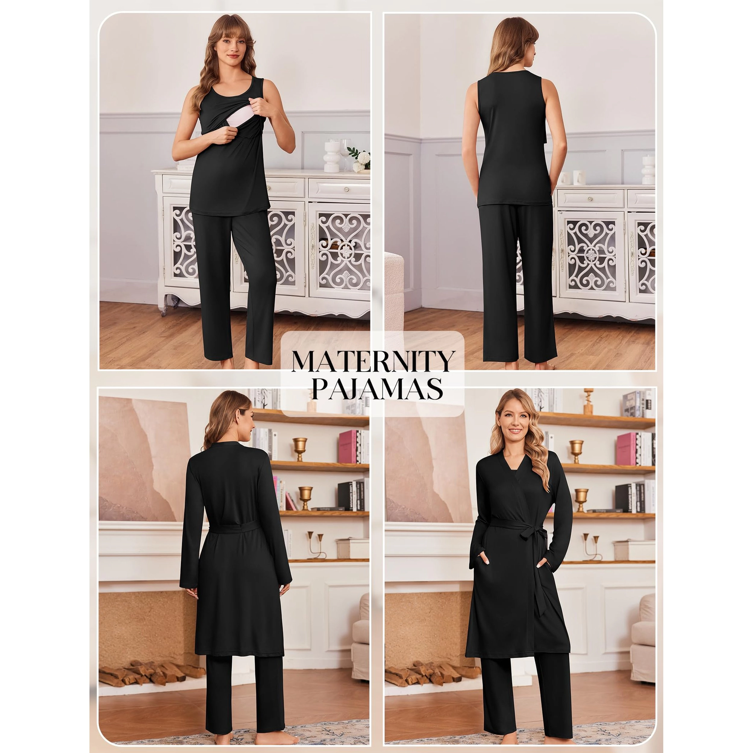 Ekouaer Nursing Pajamas Maternity Robe Set Three Pieces Pajama Pregnancy Breastfeeding Pj