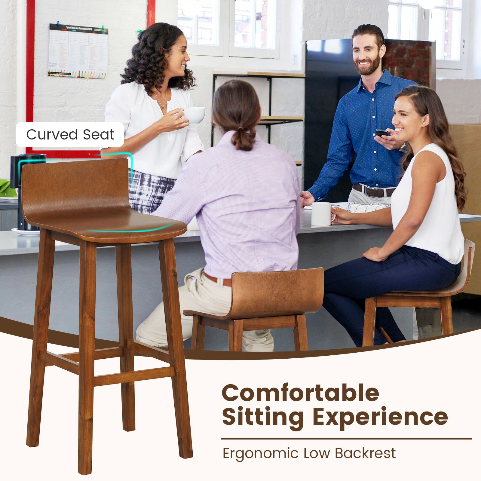 SlickBlue Set of 2 Walnut Counter Height Bar Stools with Curved Seat and Footrest Set