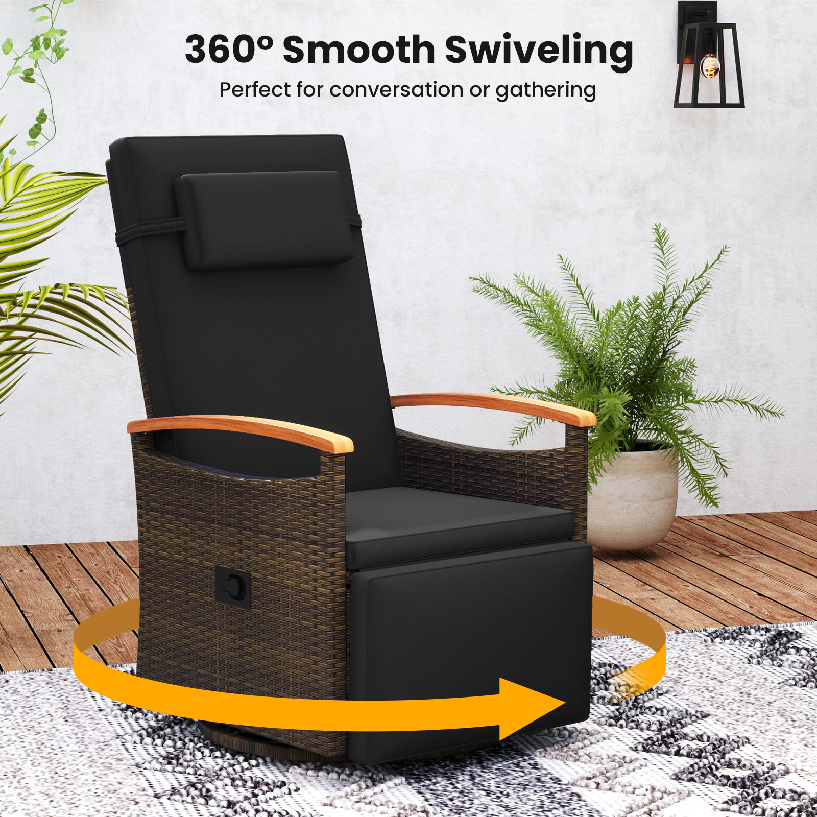 SUGIFT Patio Rattan 360° Swivel Recliner Chair with 150° Adjustable Backrest and Footrest 400-lb Capacity Black