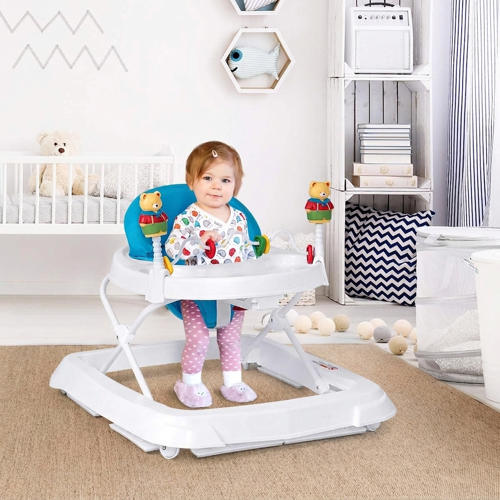 Adjustable Height Folding Baby Walker with Safety Belt 6 Non-Slip Pads Large Bottom Bumper Blue