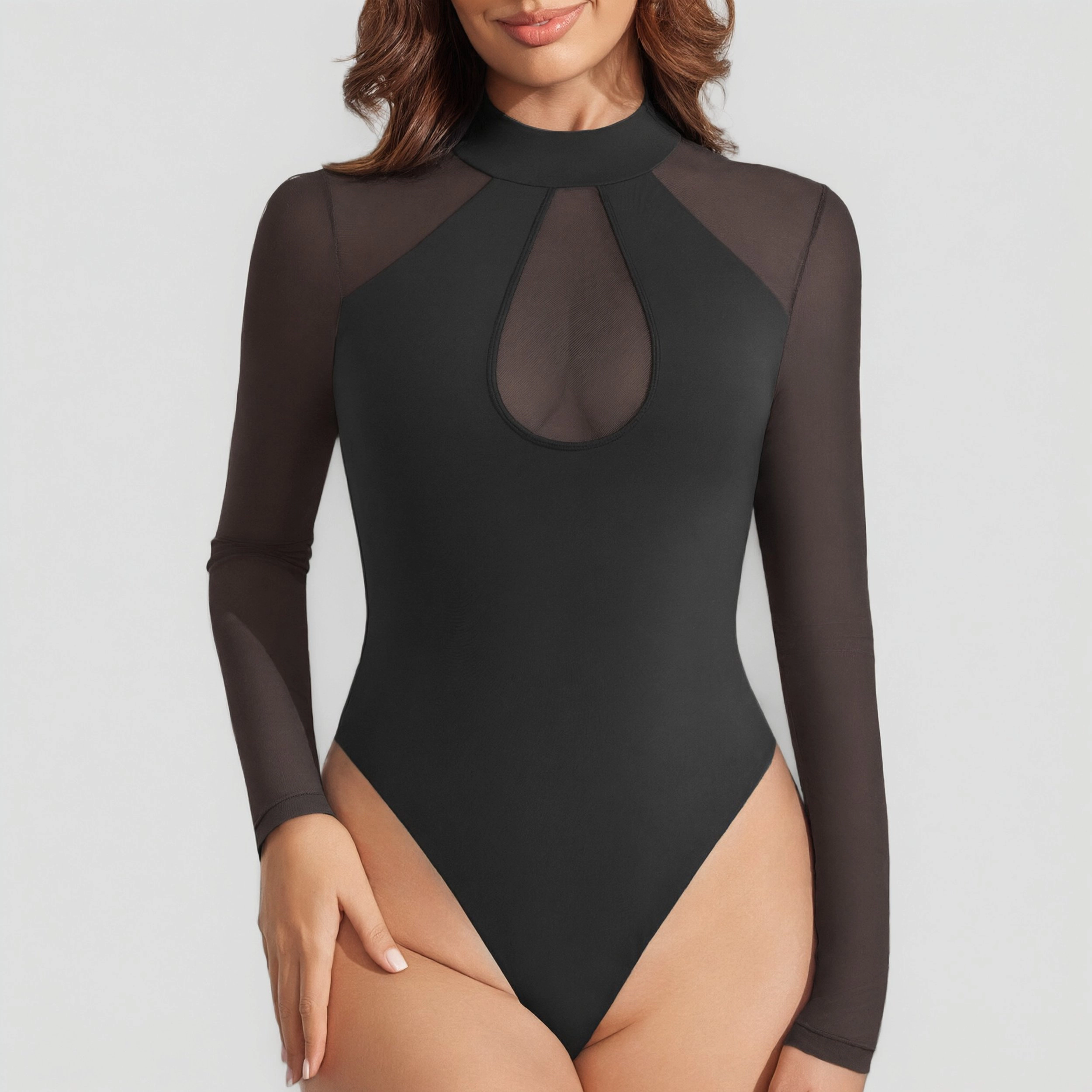 Avidlove Women's Mock Neck Mesh Long Sleeve Keyhole Thong Snap Closure Double Lined Bodysuit