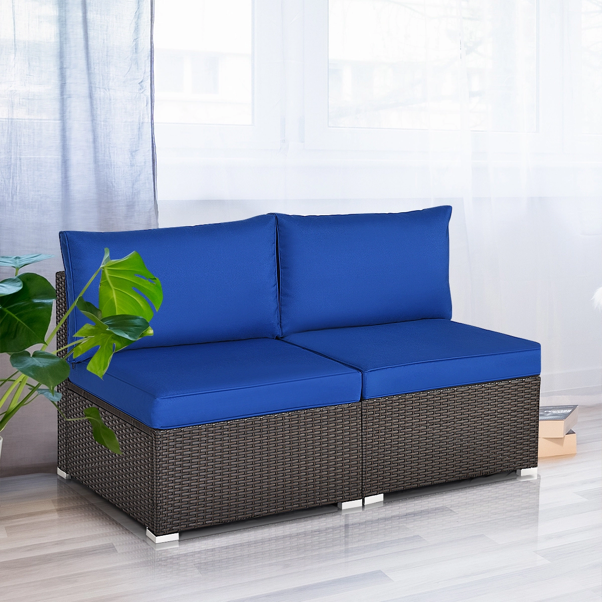 LJG 2 Pieces Patio Rattan Armless Sofa Set with 2 Cushions and 2 Pillows