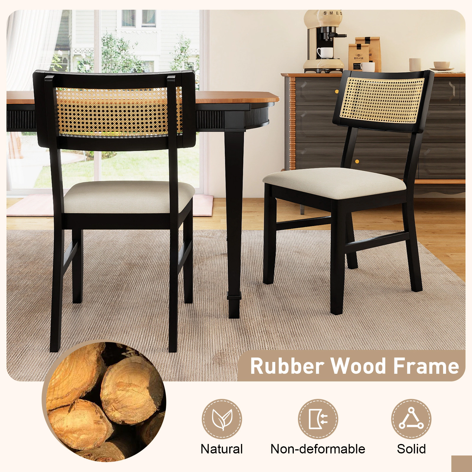 LJG Rattan Dining Chairs Set of Fabric Upholstered Kitchen Chairs with Padded Seat and Rubber Wood Legs