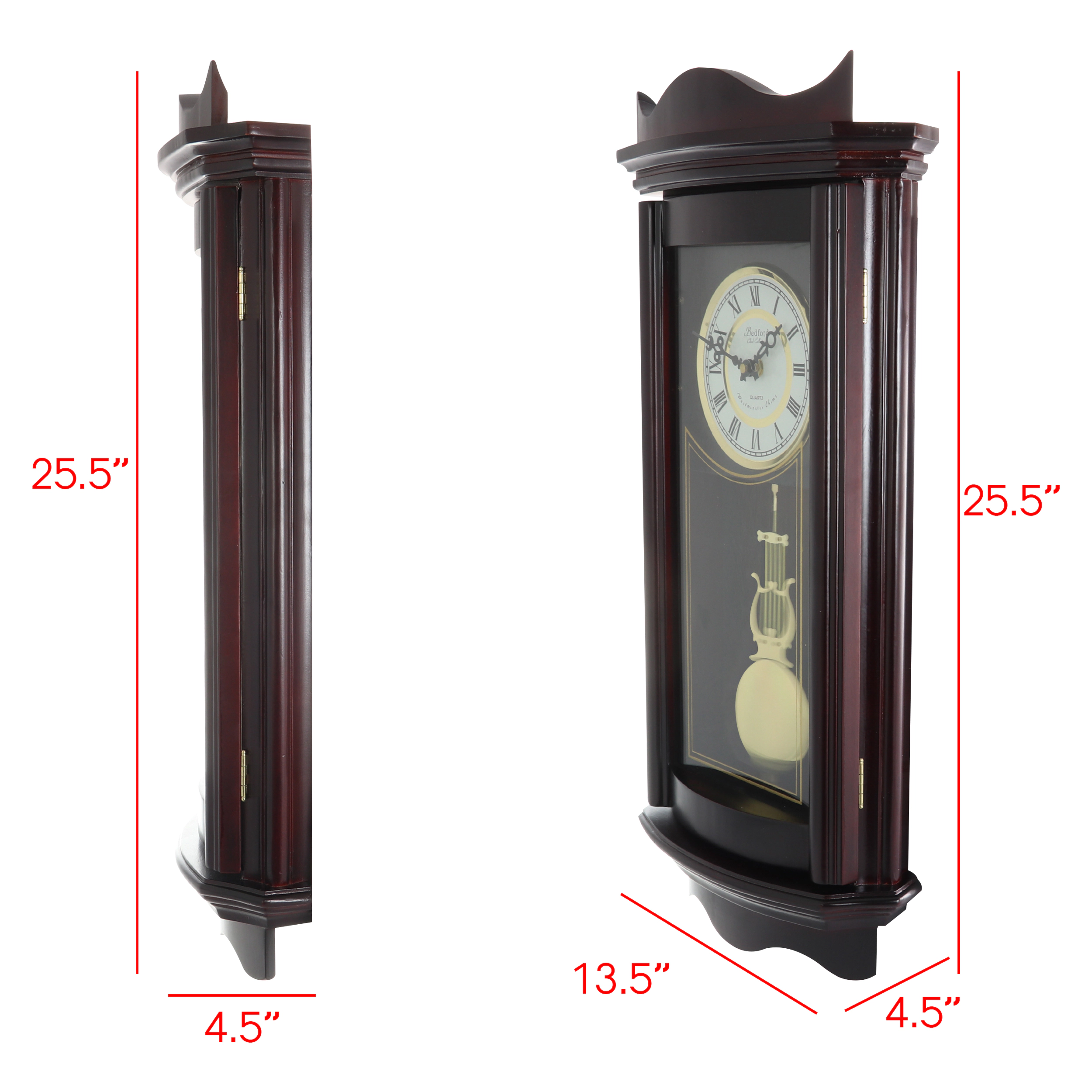 Bedford Clock Collection 25 Inch Chiming Pendulum Wall Clock in Weathered Chocolate Cherry Finish