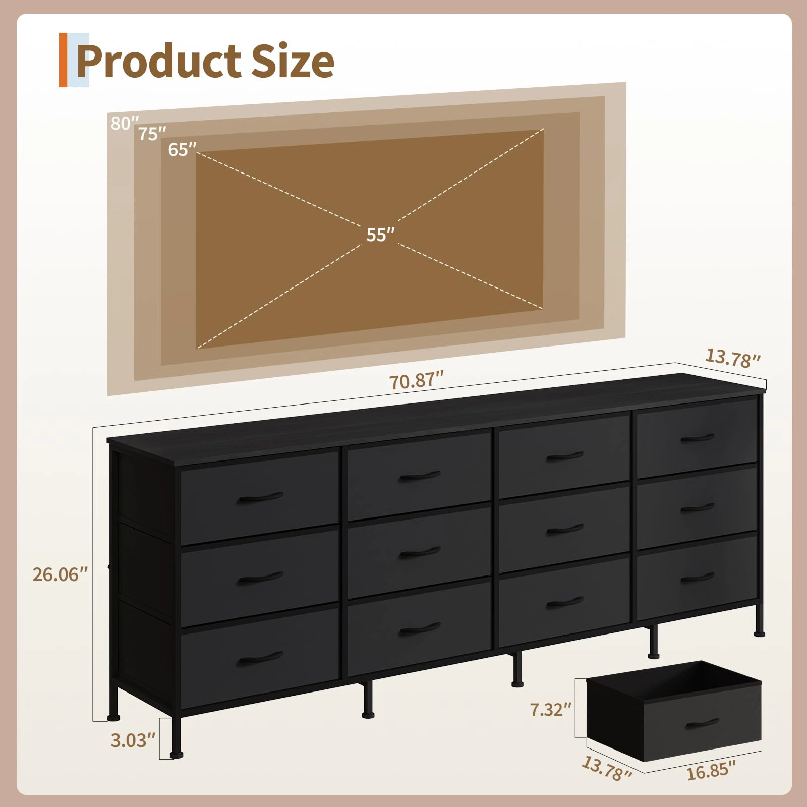 70.8" 12 Drawer Fabric Dresser TV Stand for Up to 80" with Wood Top