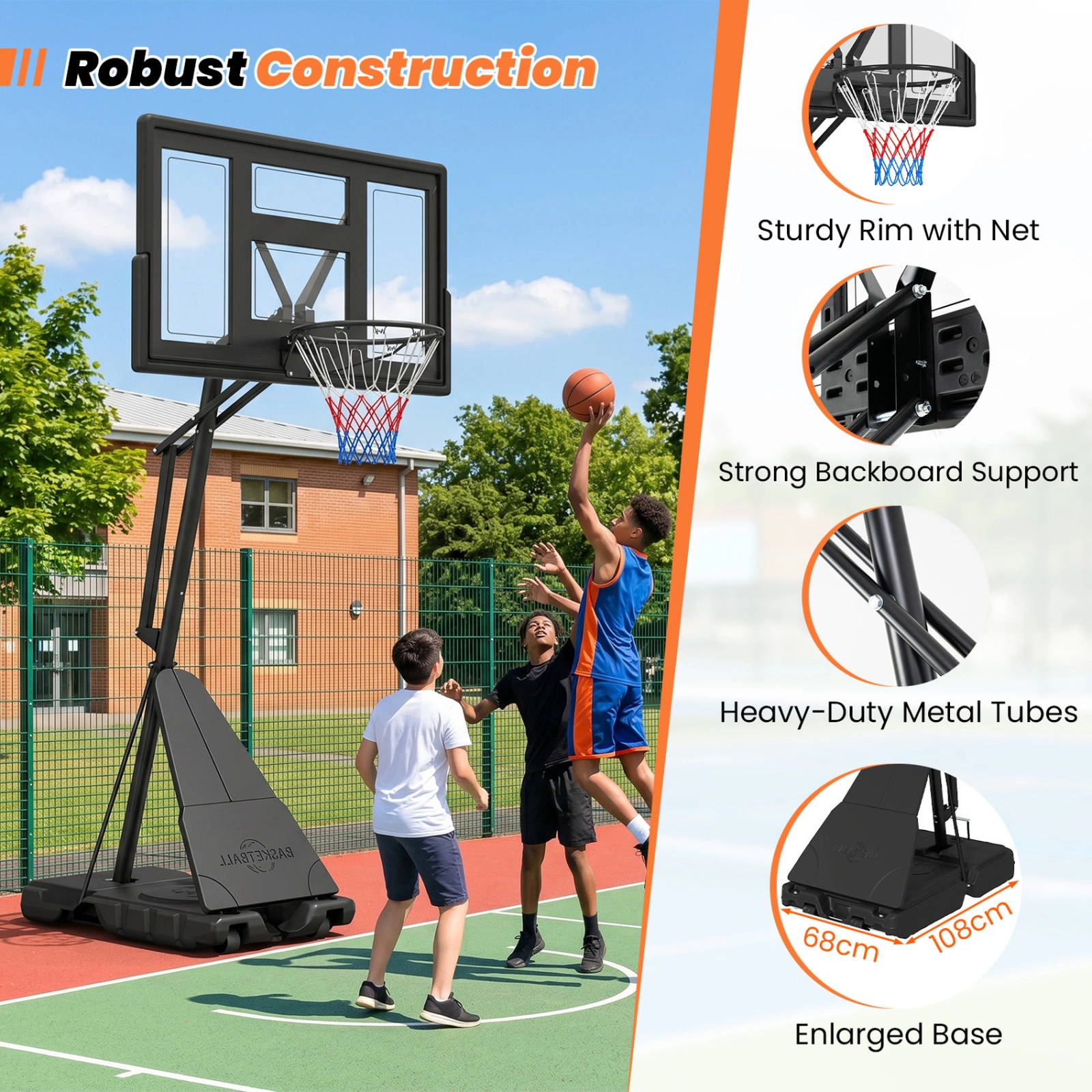 SUGIFT Tool-Free Height Basketball Goal System 7.7-10 ft Rim Height with 43-in Backboard and Fillable Base Black