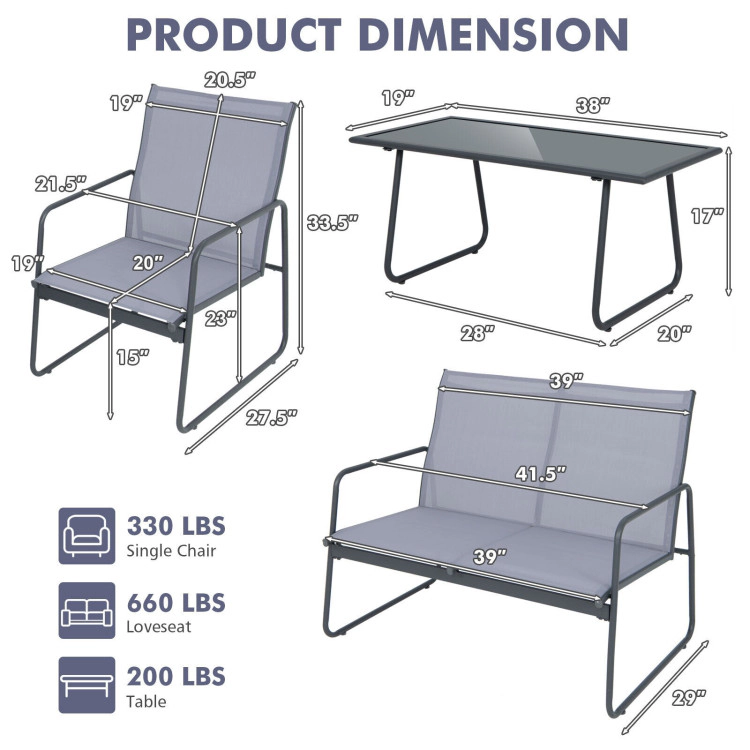 Hivvago 4 Pieces Of Metal Patio Furniture Chat Set With Tempered Glass Coffee Table