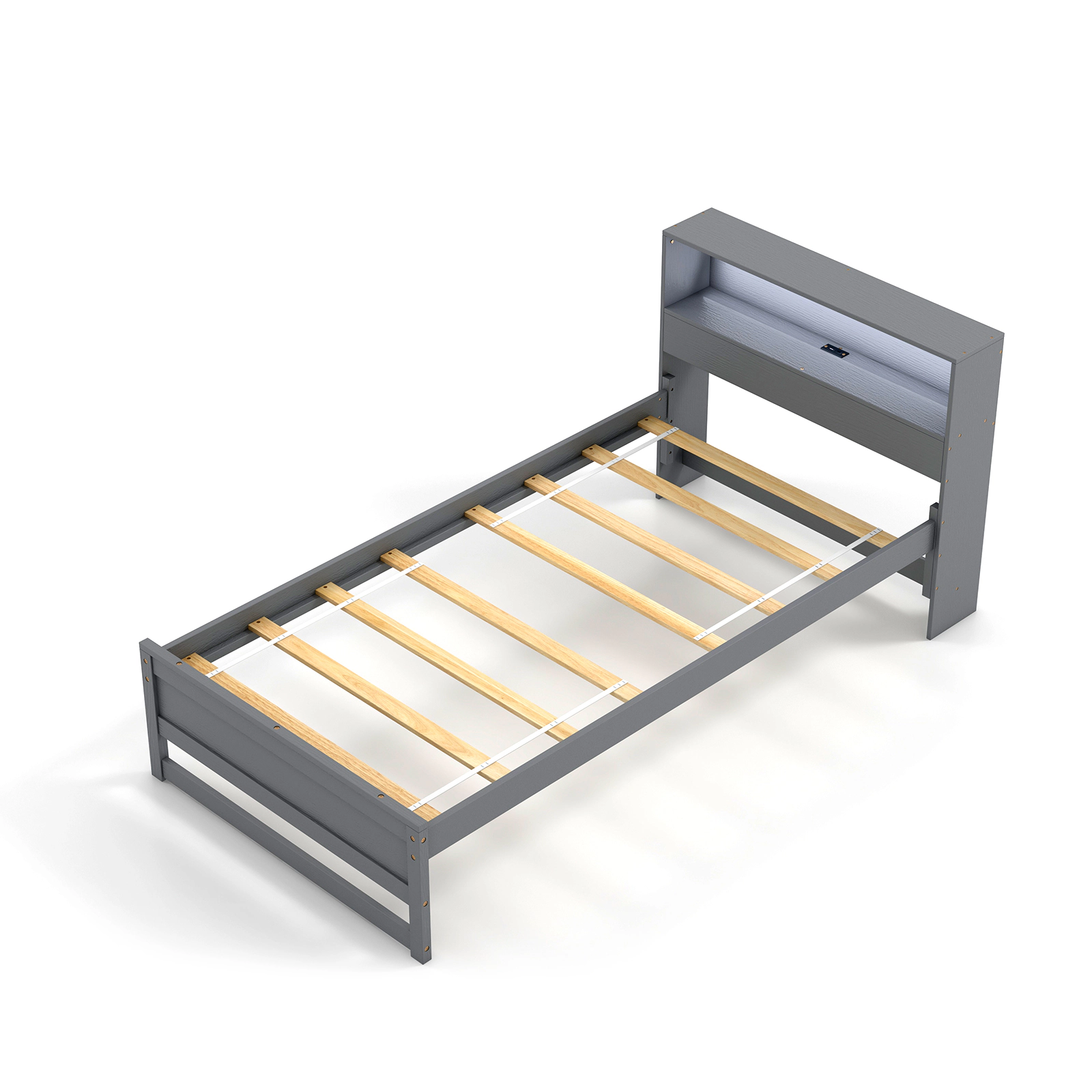 SUGIFT Gray Storage Headboard LED Light and Charging Station Twin Size Wooden Bed Frame