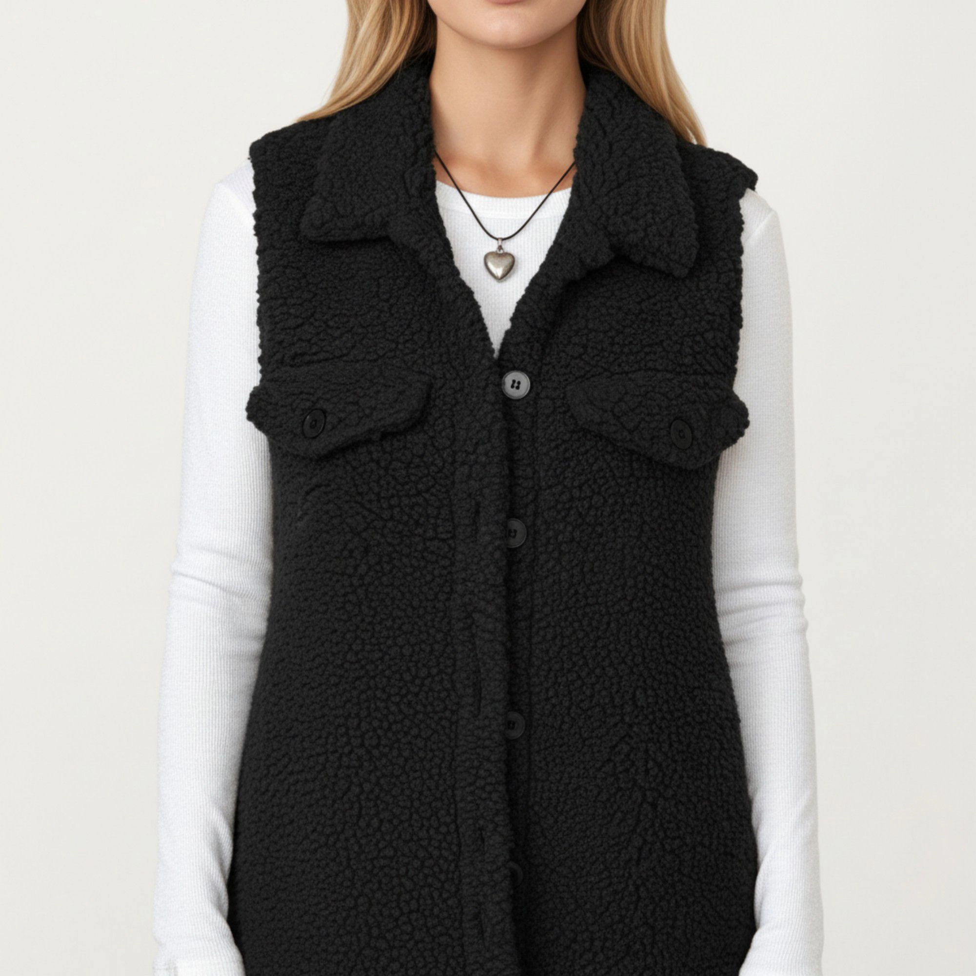 Anna-Kaci Women's Faux Shearling Button Front Vest with Collared Neckline, Chest Flap Pockets, and Longline Fit