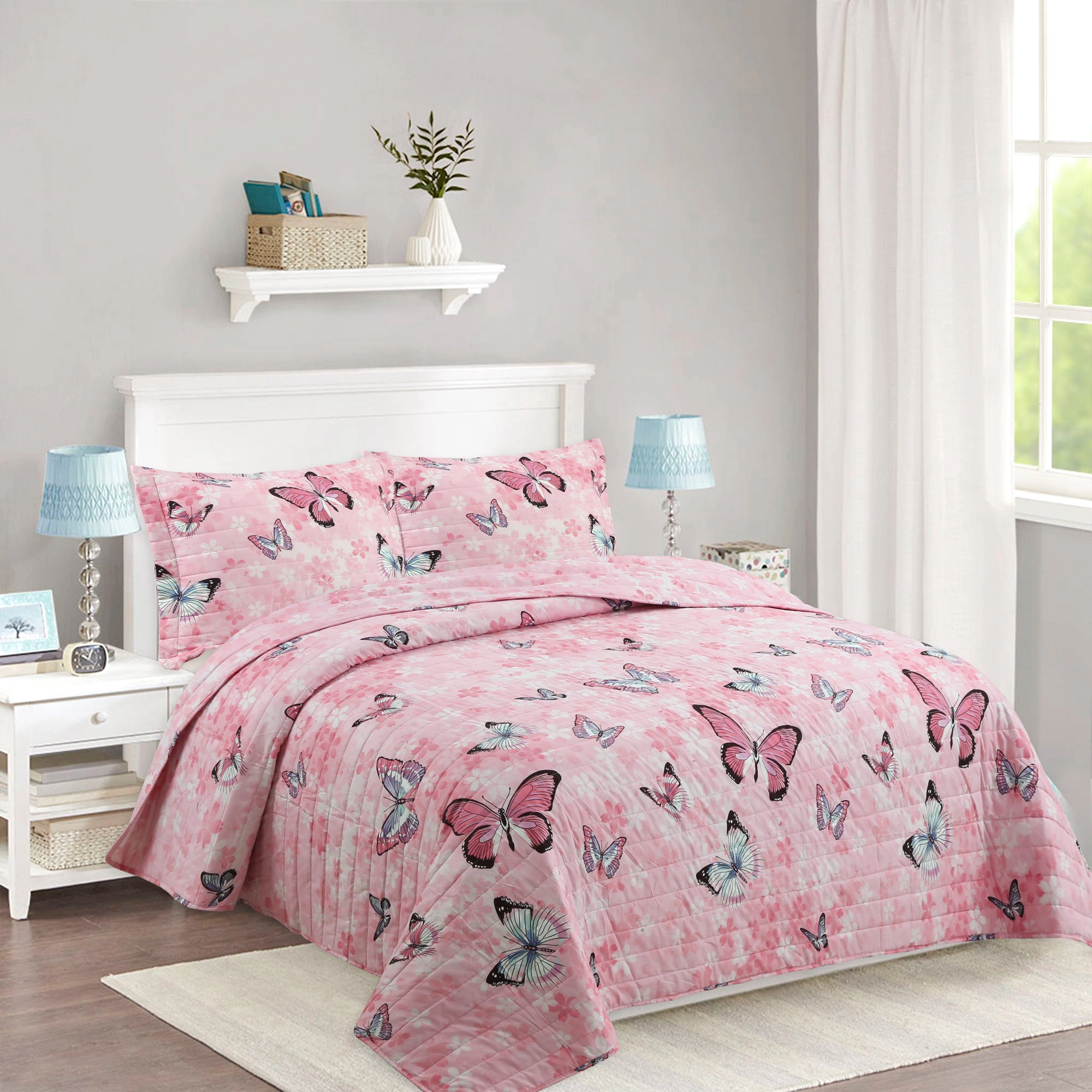 MarCieo 2/3 Piece Kids Girls Butterfly Quilt Set, Soft Lightweight Bedspread Set