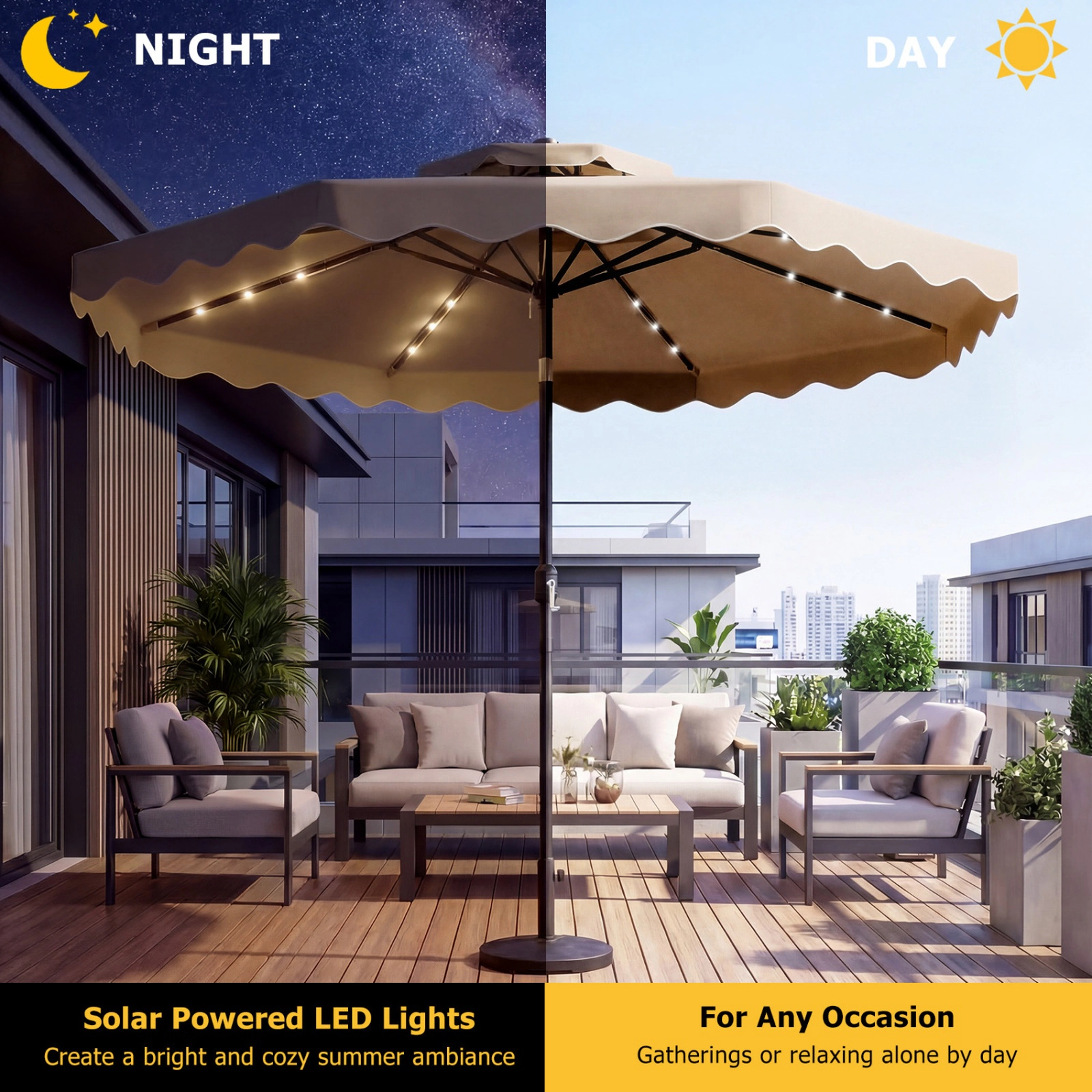 SUGIFT 10 ft Solar LED Patio Umbrella with 24 Lights and 10.5 Outer Canopy