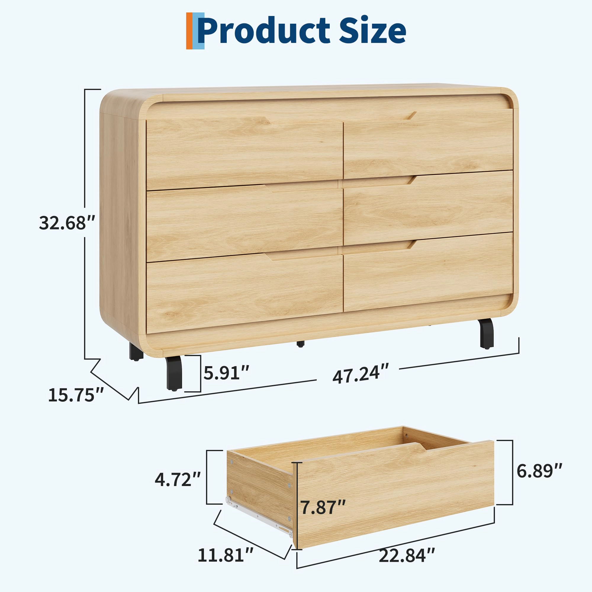 47" Wide 6 Drawer Wood Dresser with Handleless & Detachable Legs, Modern Storage Chest