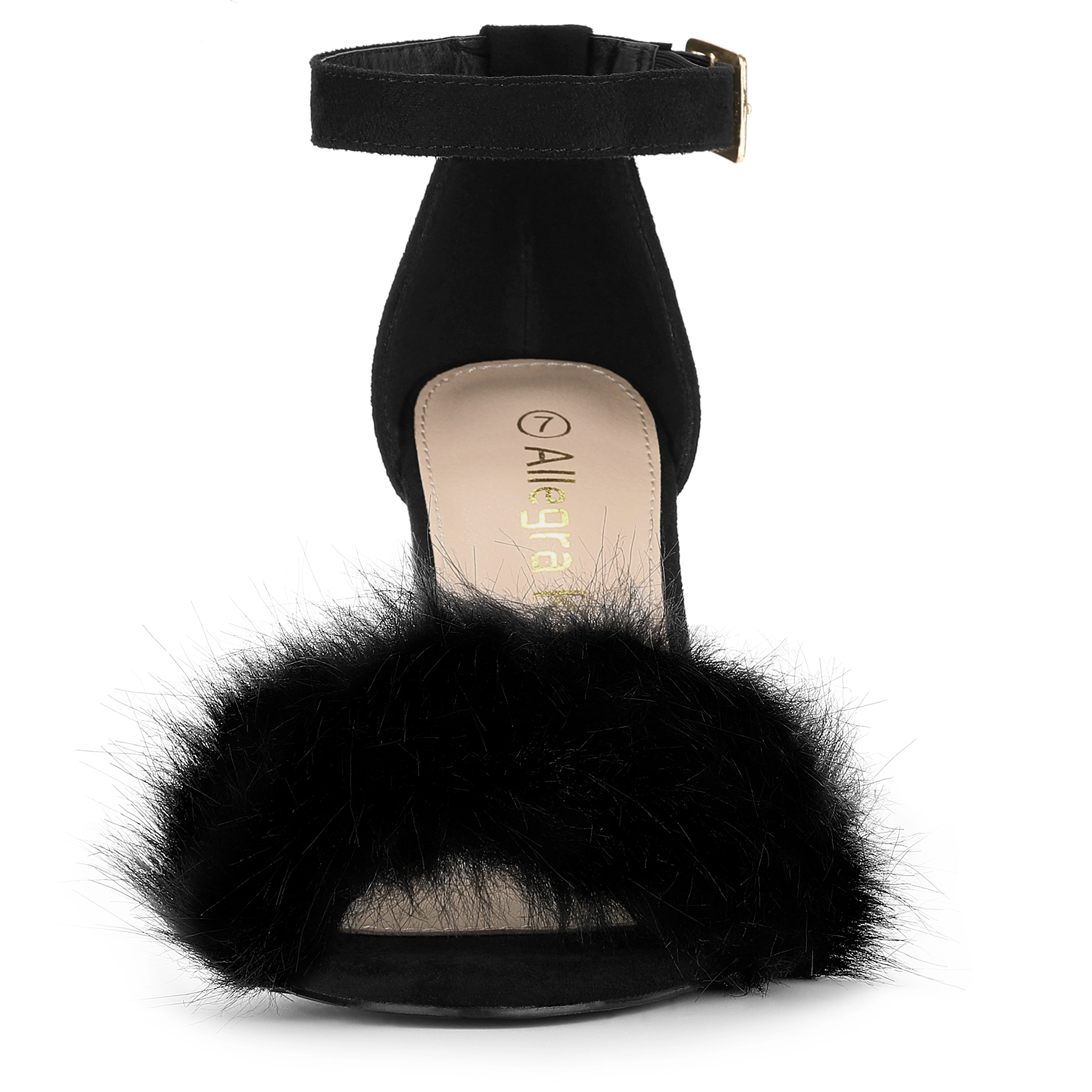 BLISSFUL STEP Women's Faux Suede Fur Ankle Strap Buckle Block Heels Sandals