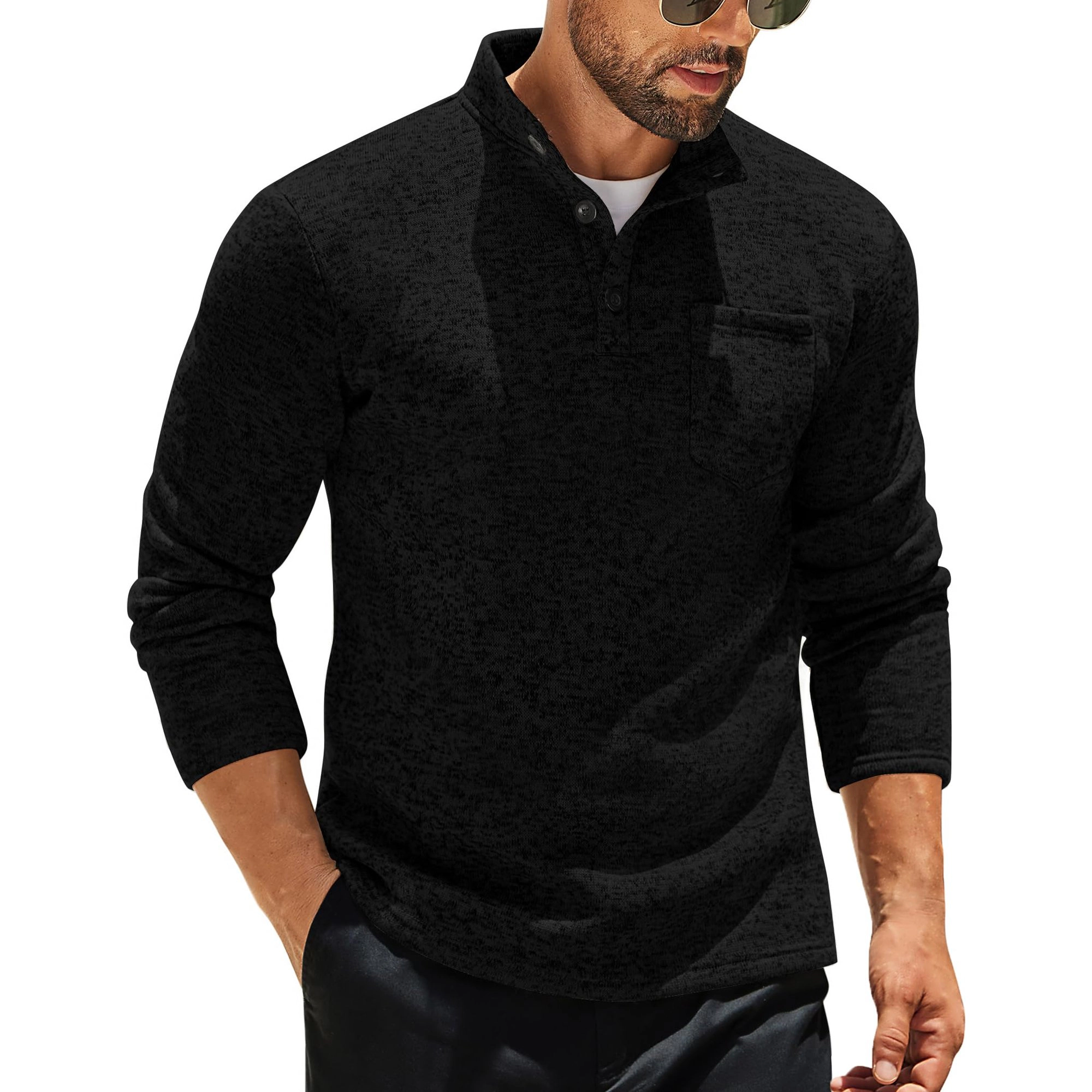 COOFANDY Mens Long Sleeve Henley Shirt Fall Mock Neck Button Up Chest Pocket Tops