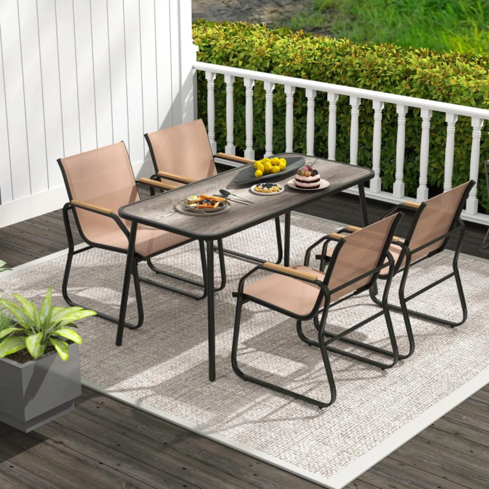 Hivvago 5 Pieces Patio Dining Set With Rectangular Table And Fabric Chairs-Brown