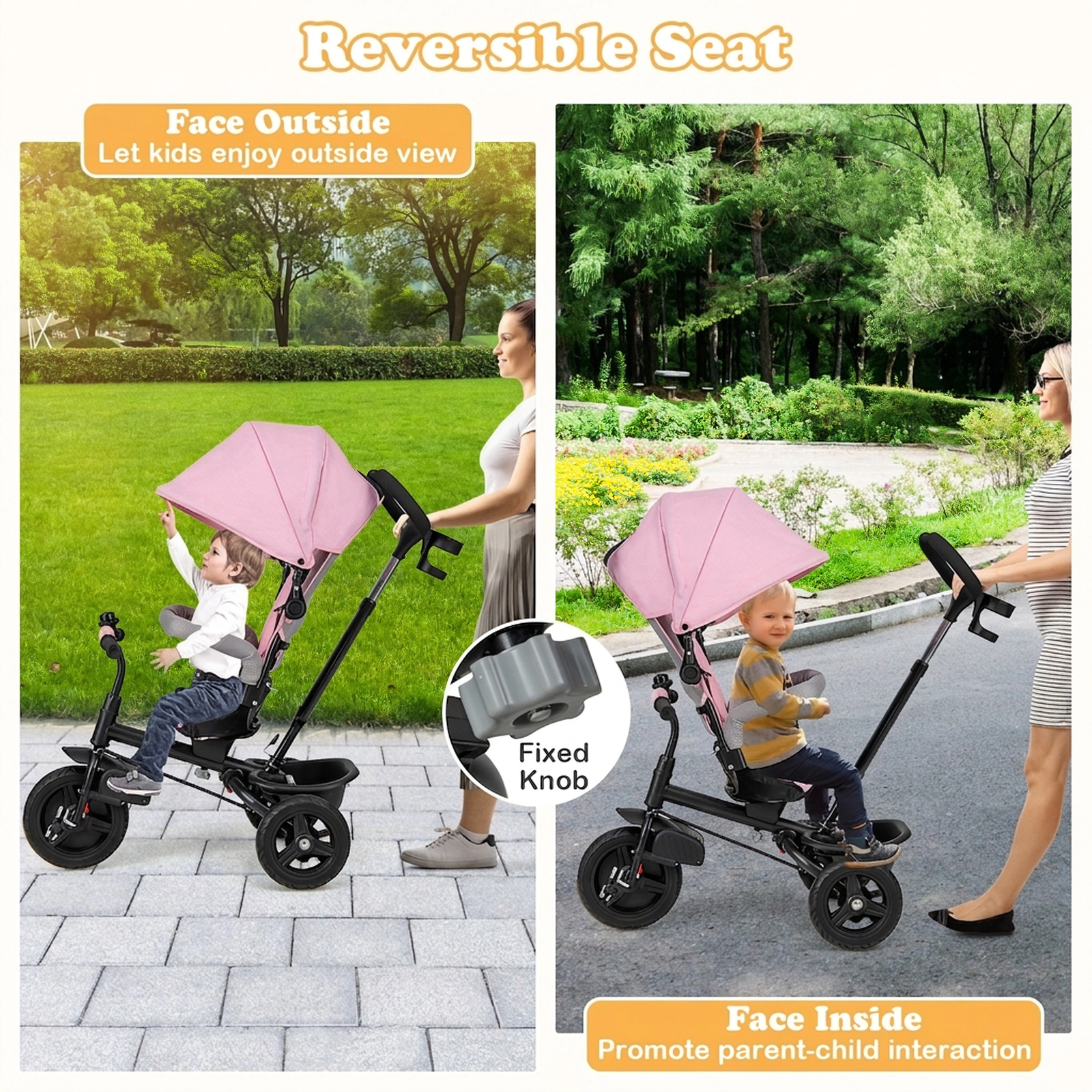 SUGIFT Toddler Pink 4-in-1 Tricycle with Reversible Seat and 5-Point Harness 30-in W 38-in H 55-lb Seat Capacity