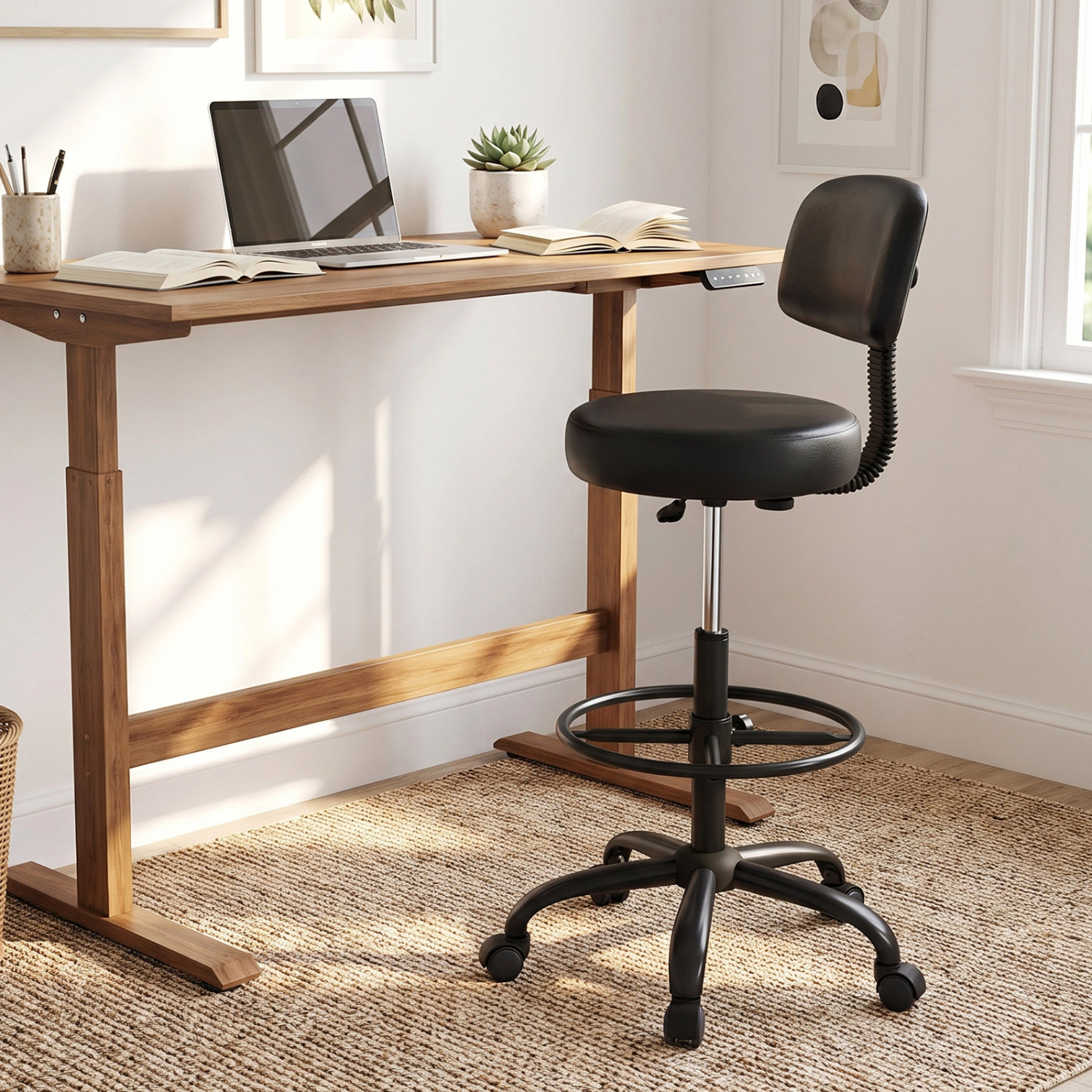 LJG Office Drafting Chair with Back & Adjustable Footring and Wheels for Desk