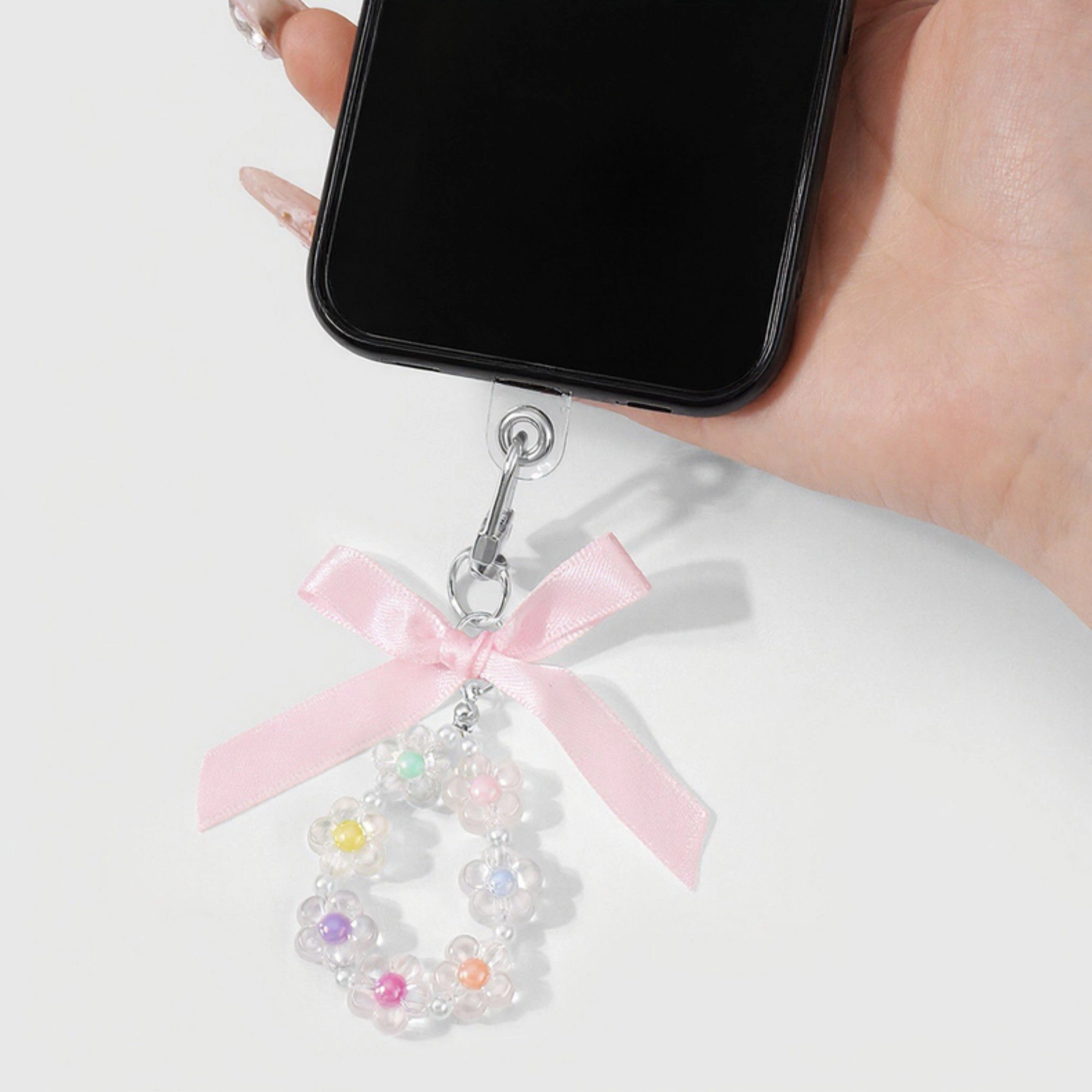 Alilang Women's Pastel Flower Beaded Keychain with Pink Satin Bow and Pearl Accents