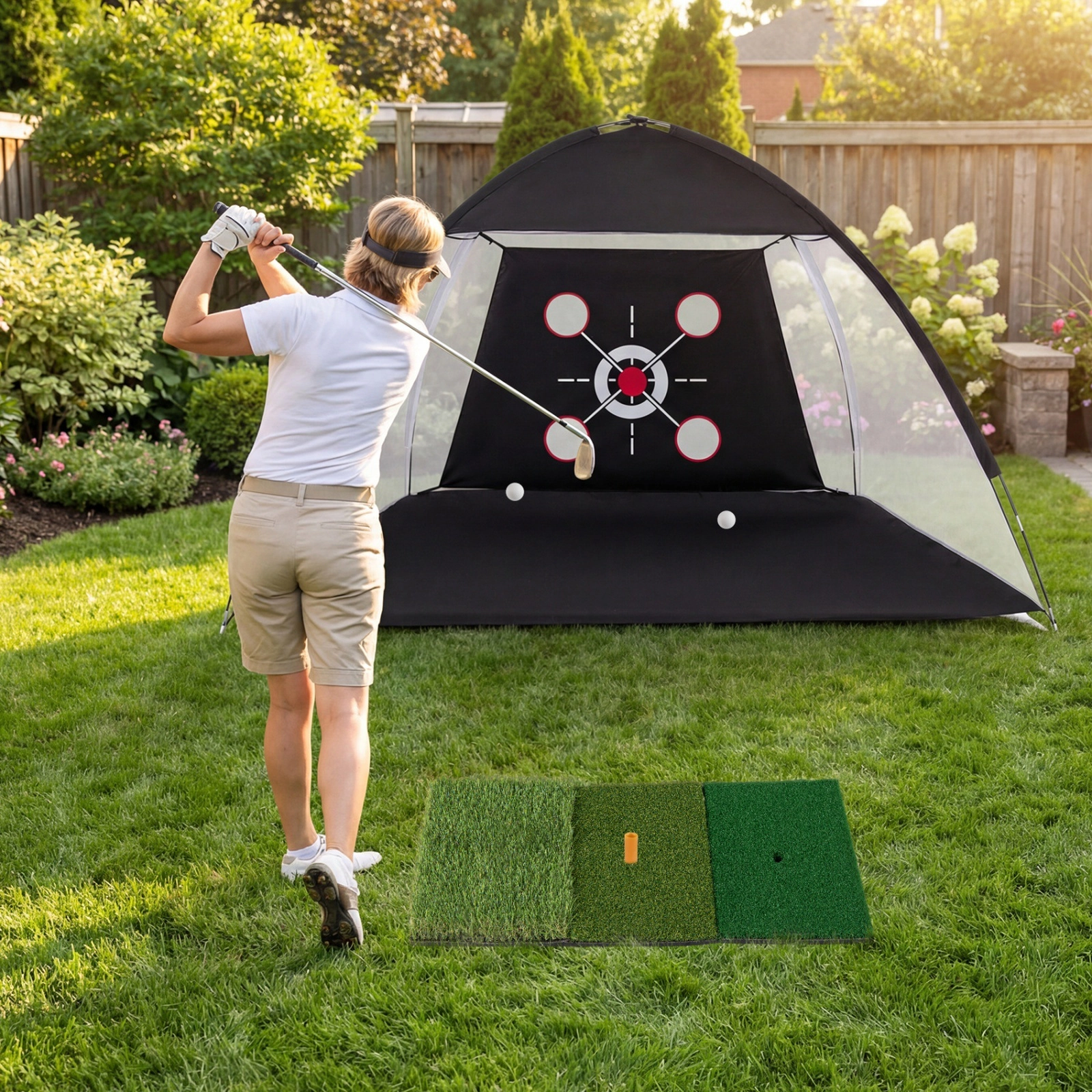 10.3-ft x 6.5-ft Golf Practice Net Foldable Tri-Turf Hitting Mat Target Zones 4 Ground Stakes Carry Bag Black