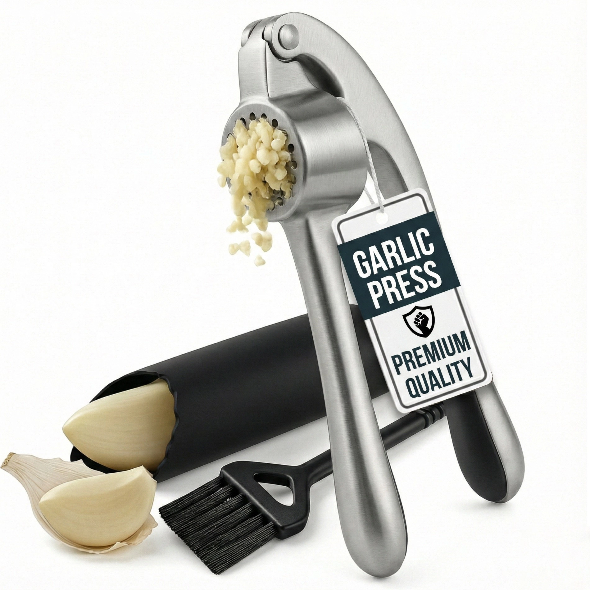 Luminuxe Garlic Press Set, Garlic Mincer w/ Silicone Peeler & Cleaning Brush, Easy Squeeze Ergonomic Handle, Rust Proof