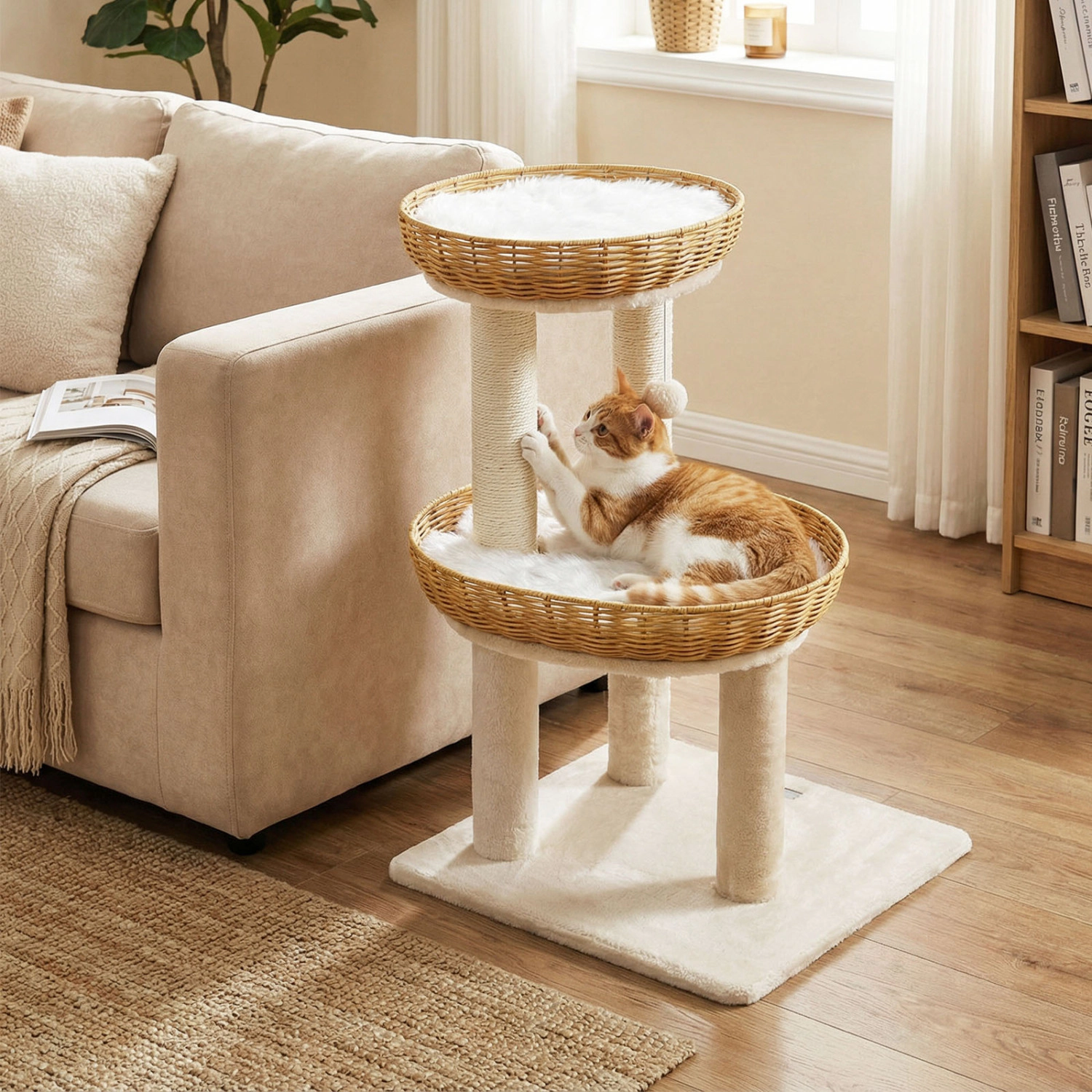 SlickBlue Unisex 30 Inch Rattan Cat Tower with 2 Baskets
